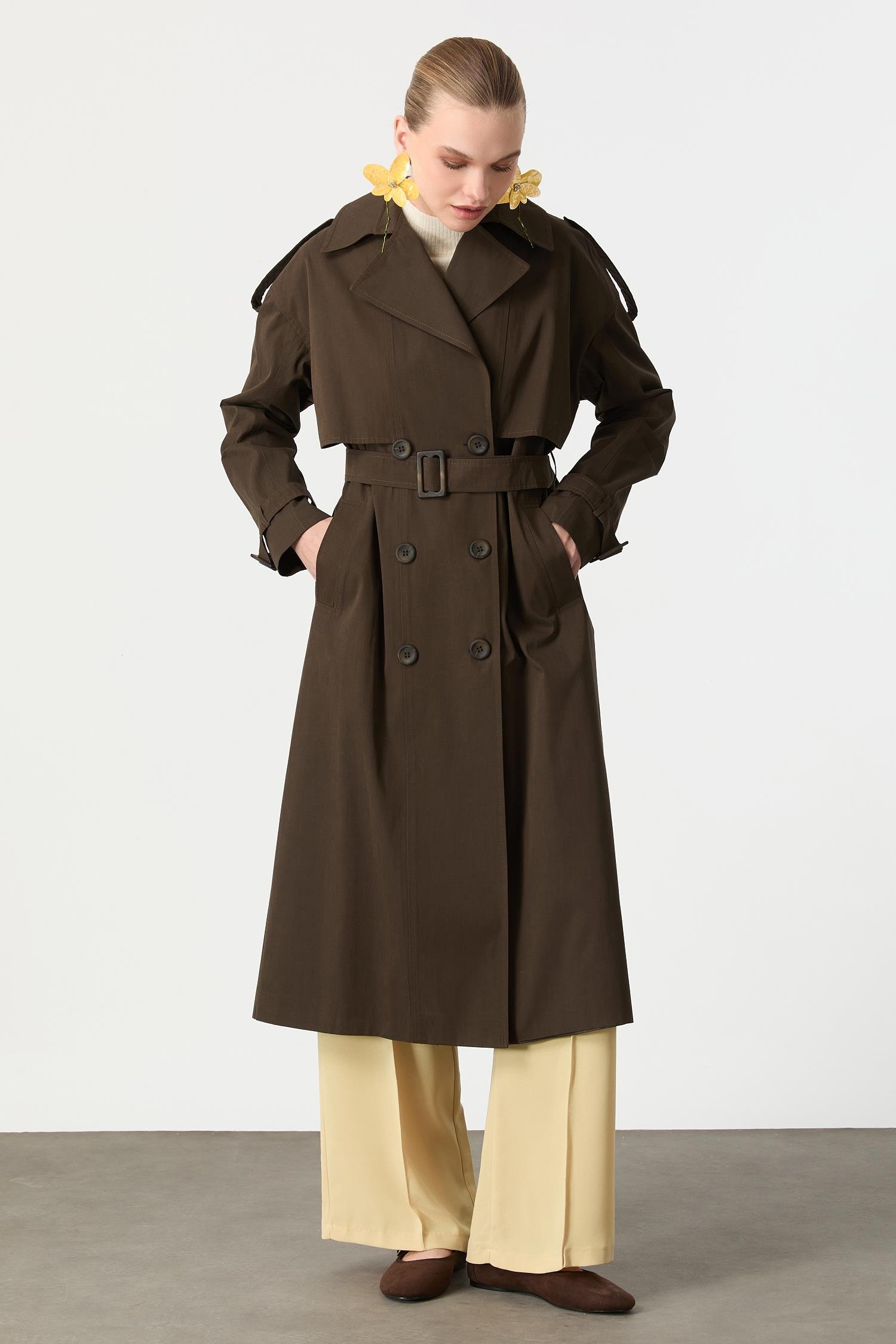 Kruvaze Yaka Uzun Kaşe Kaban-HAKİ