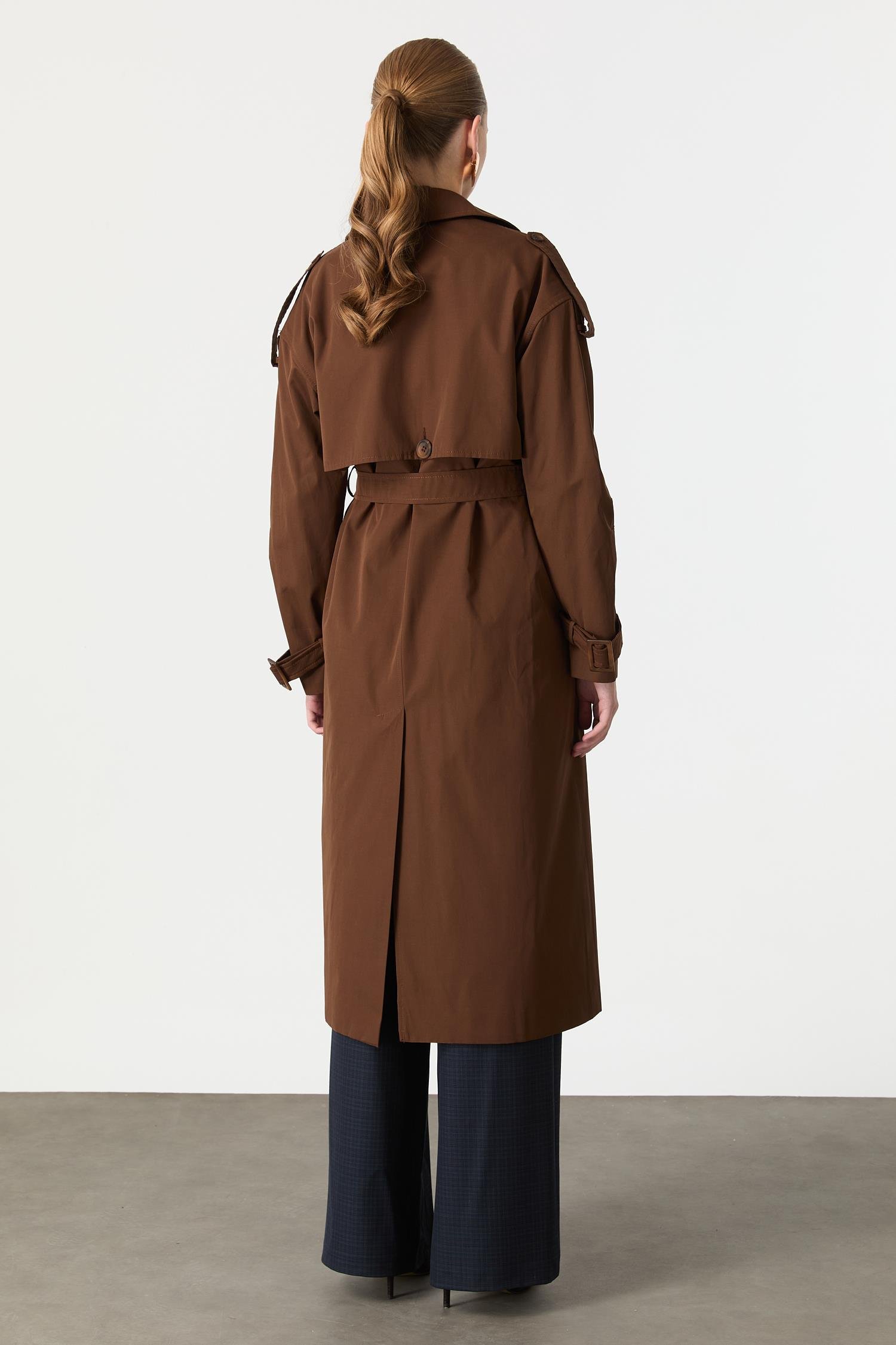 Kruvaze Yaka Uzun Kaşe Kaban-KAHVE