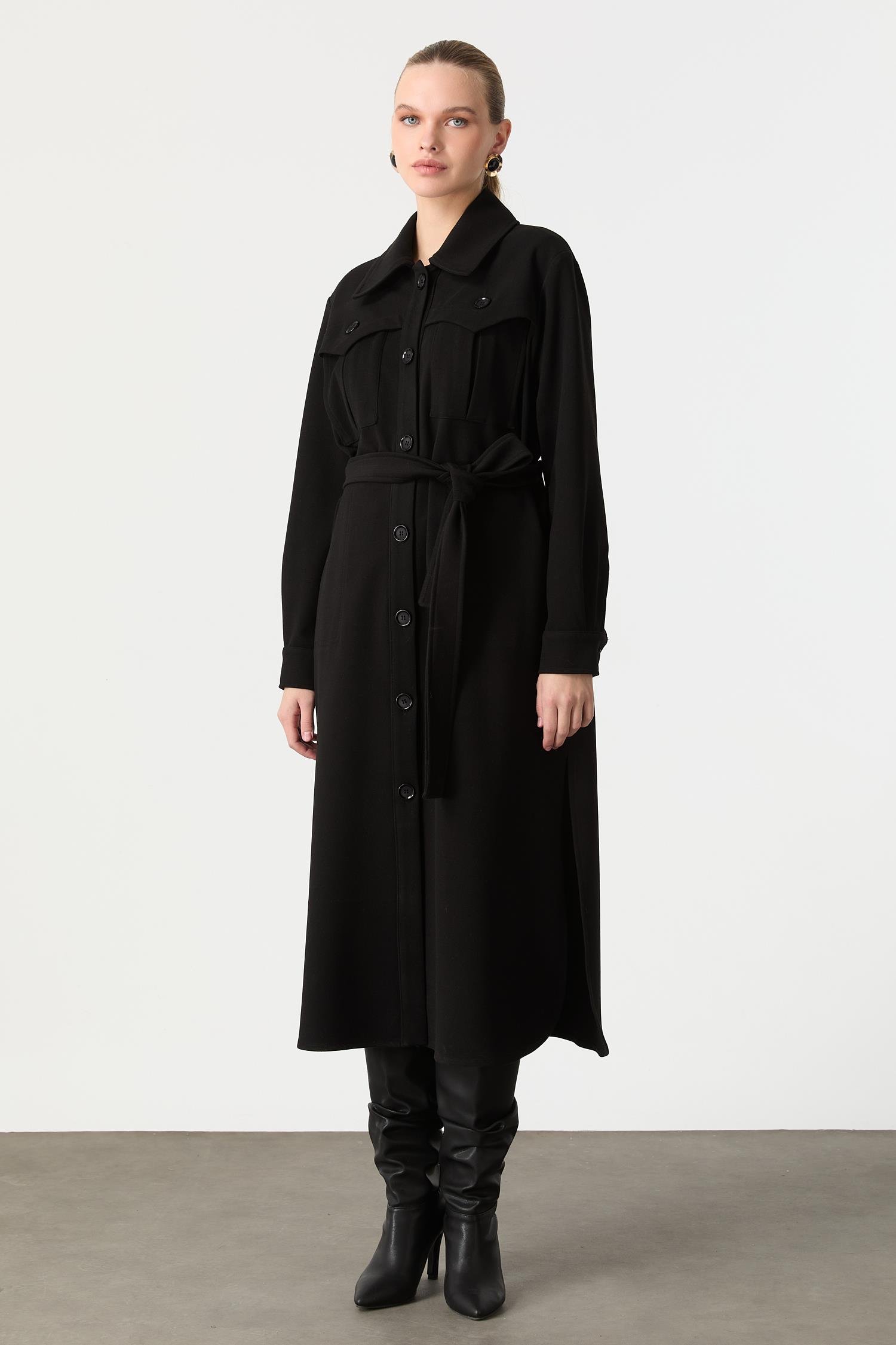 Kruvaze Yaka Uzun Kaşe Kaban-SİYAH