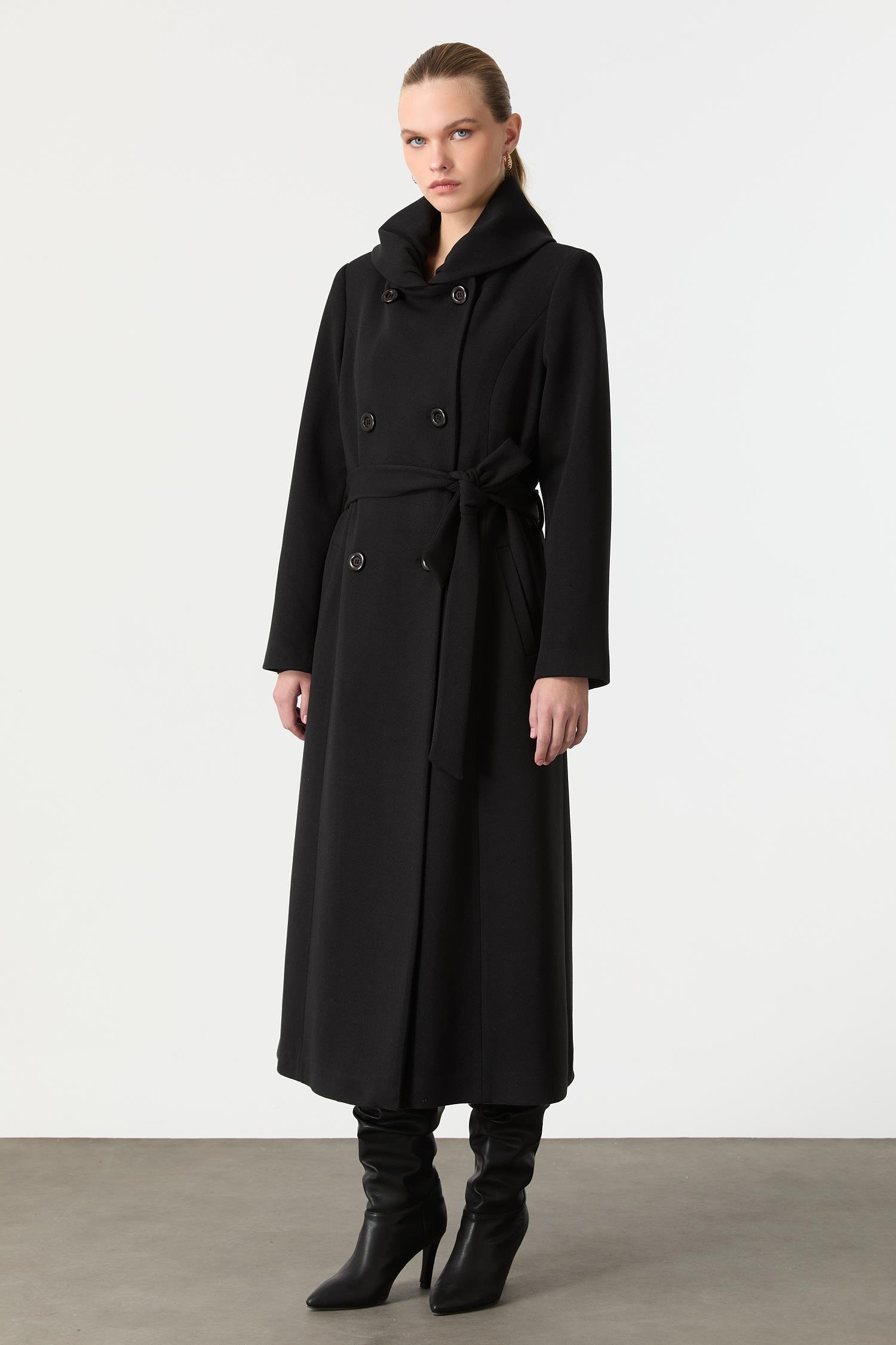 Kruvaze Yaka Uzun Kaşe Kaban-SİYAH