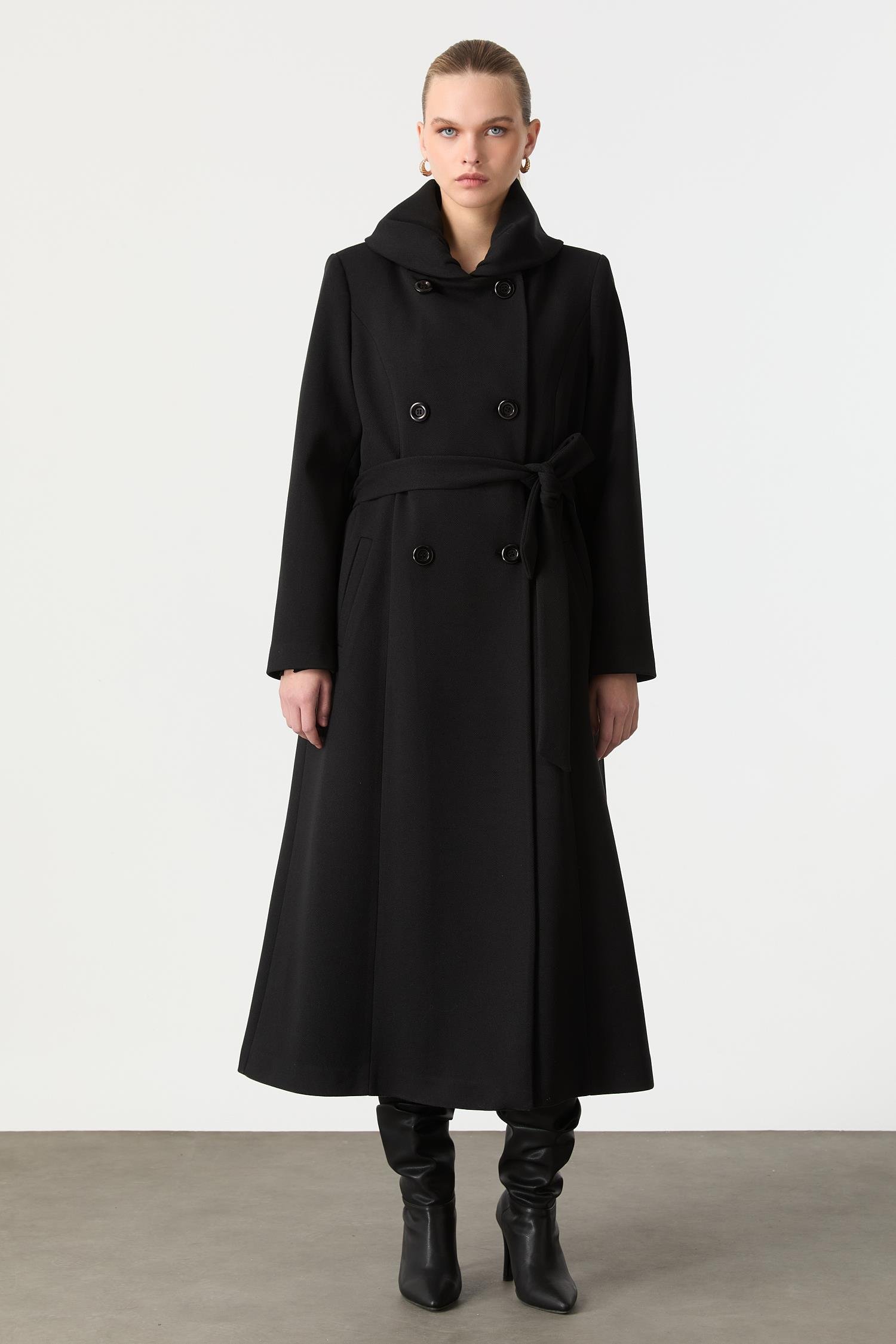 Kruvaze Yaka Uzun Kaşe Kaban-SİYAH