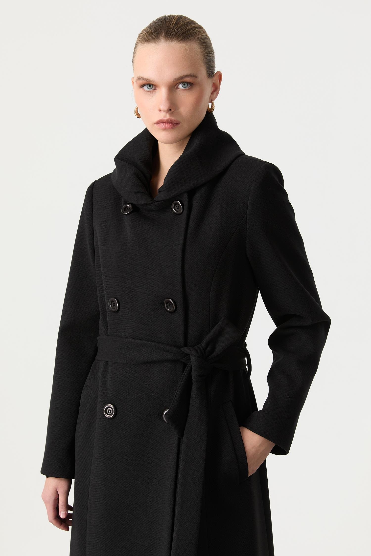 Kruvaze Yaka Uzun Kaşe Kaban-SİYAH