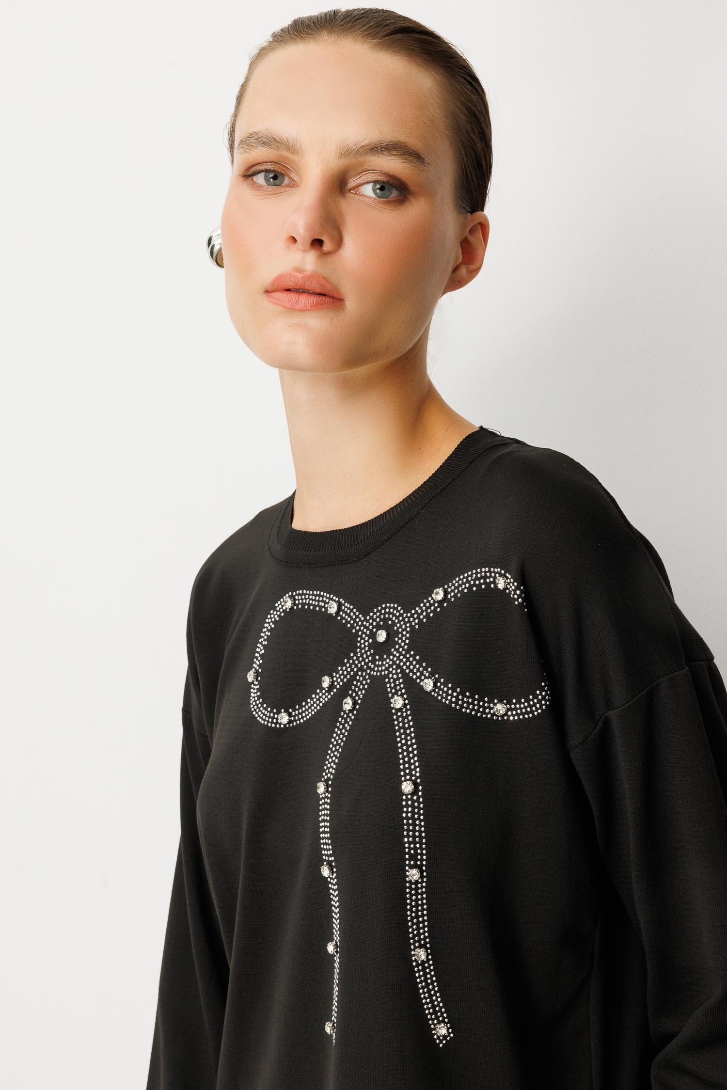 Kurdele Taş Detaylı Triko Tunik-SİYAH