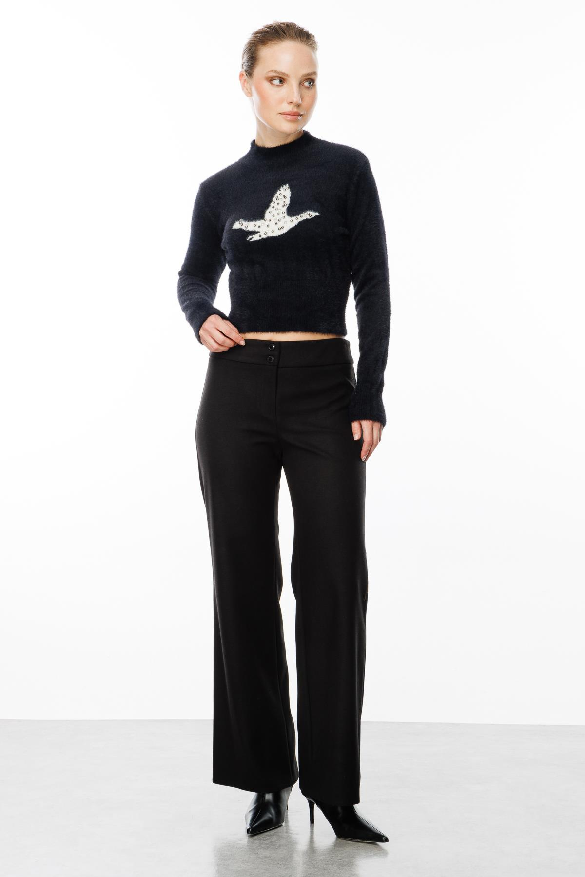 Kuş Detaylı Crop Kazak