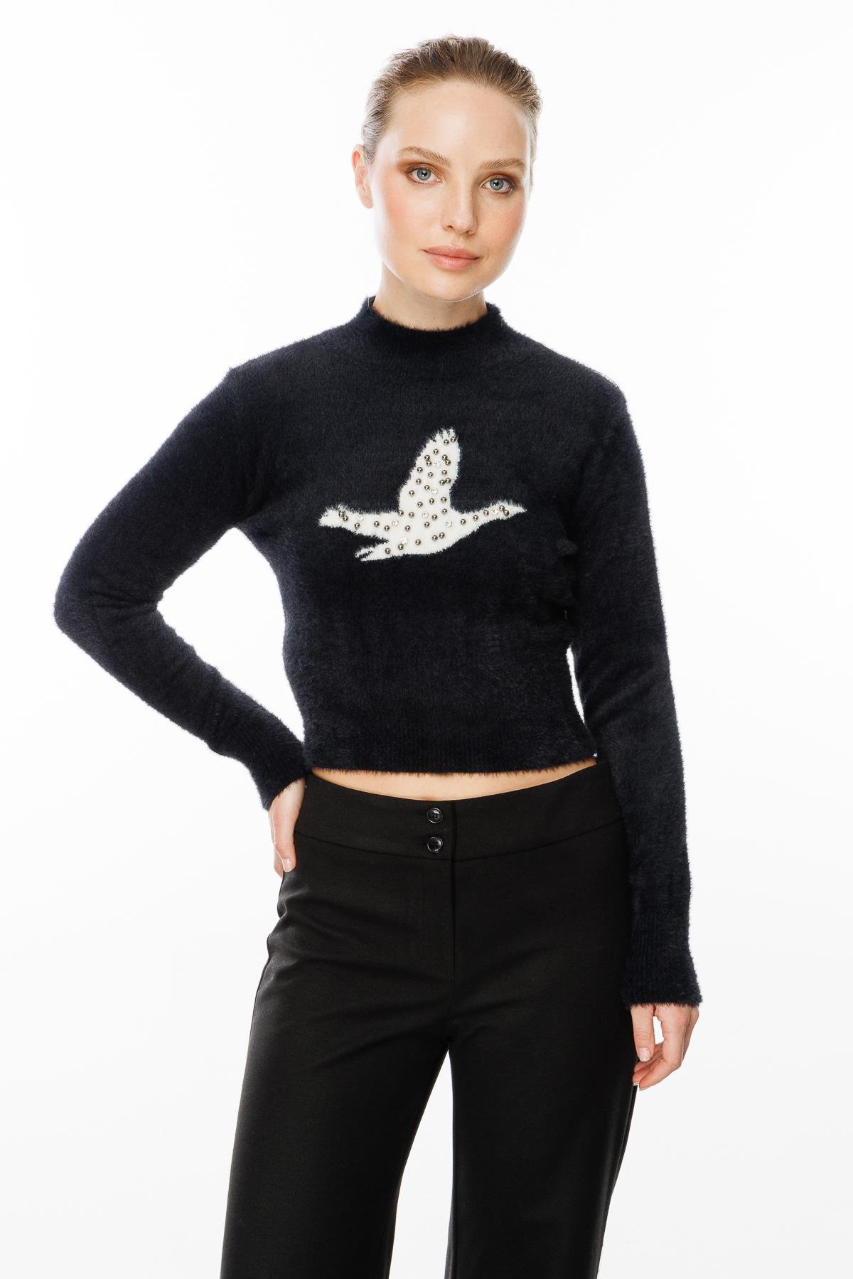 Kuş Detaylı Crop Kazak