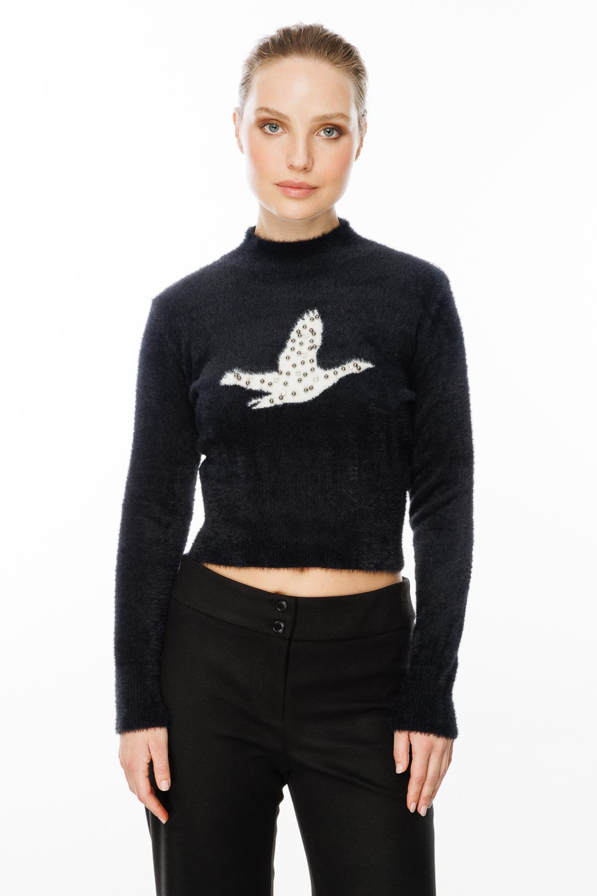 Kuş Detaylı Crop Kazak