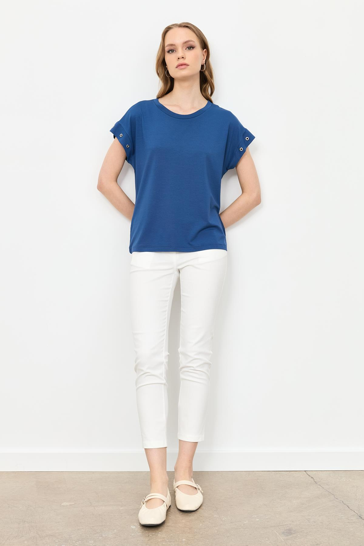 Kuş Gözü Detay Penye Bluz-İNDİGO