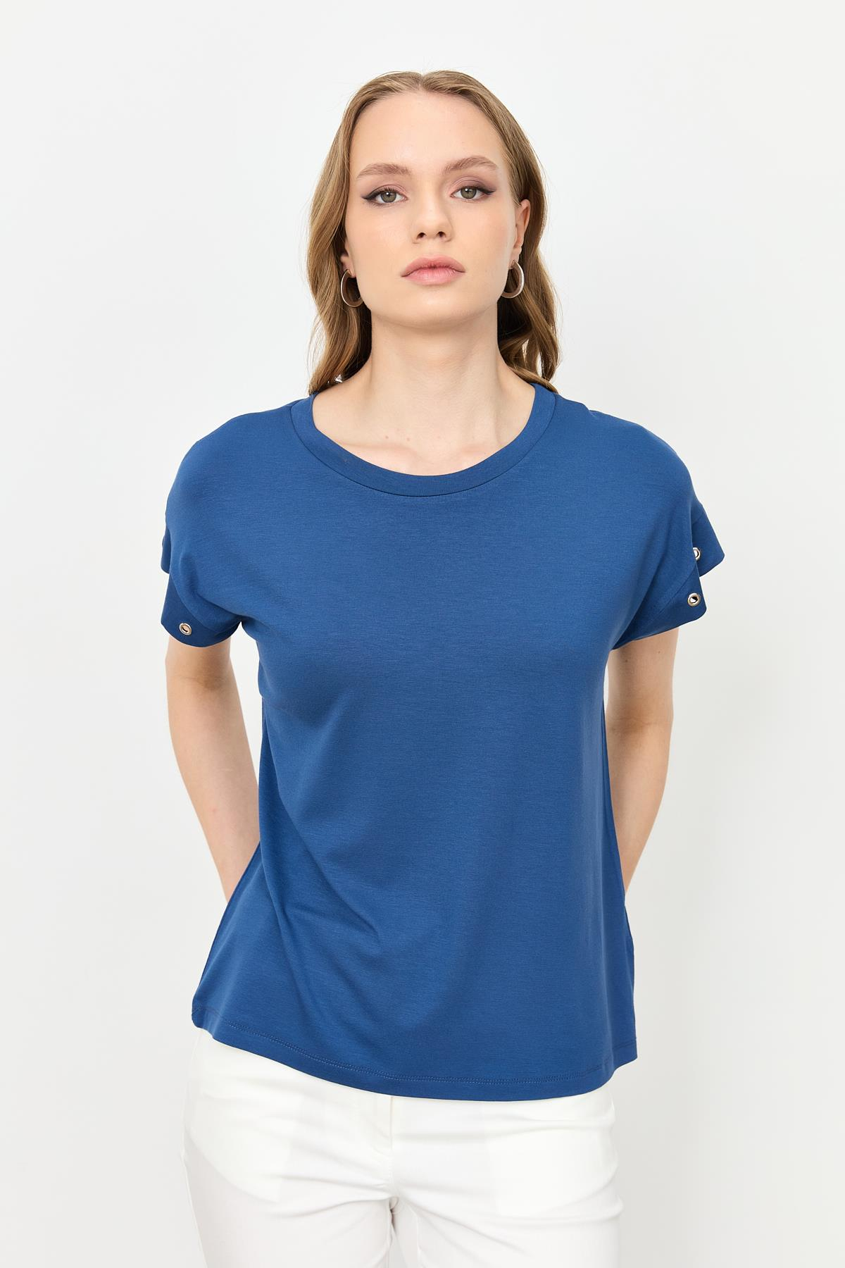 Kuş Gözü Detay Penye Bluz-İNDİGO