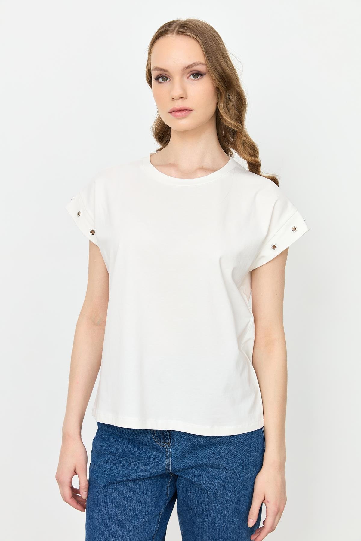 Kuş Gözü Detay Penye Bluz-KEMIK