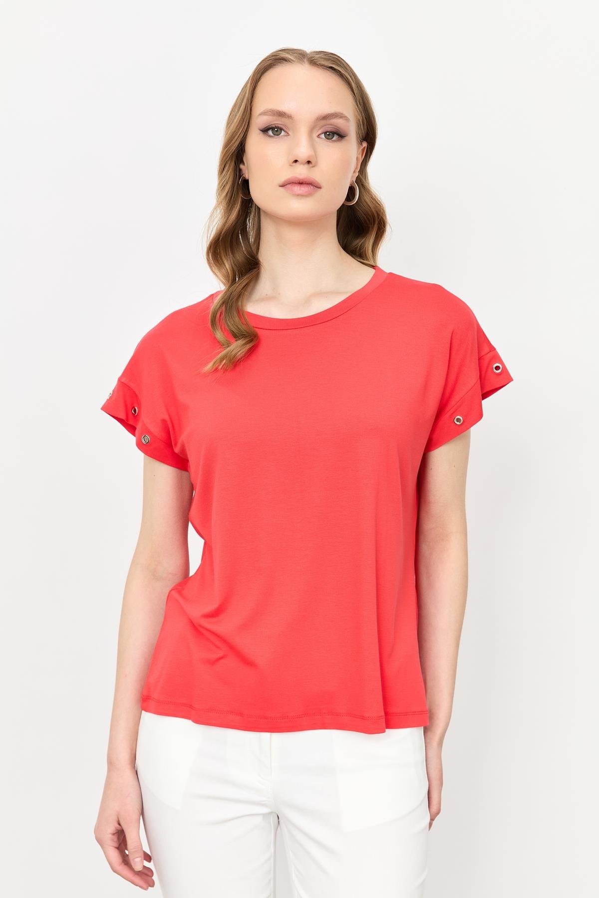 Kuş Gözü Detay Penye Bluz-KIRMIZI