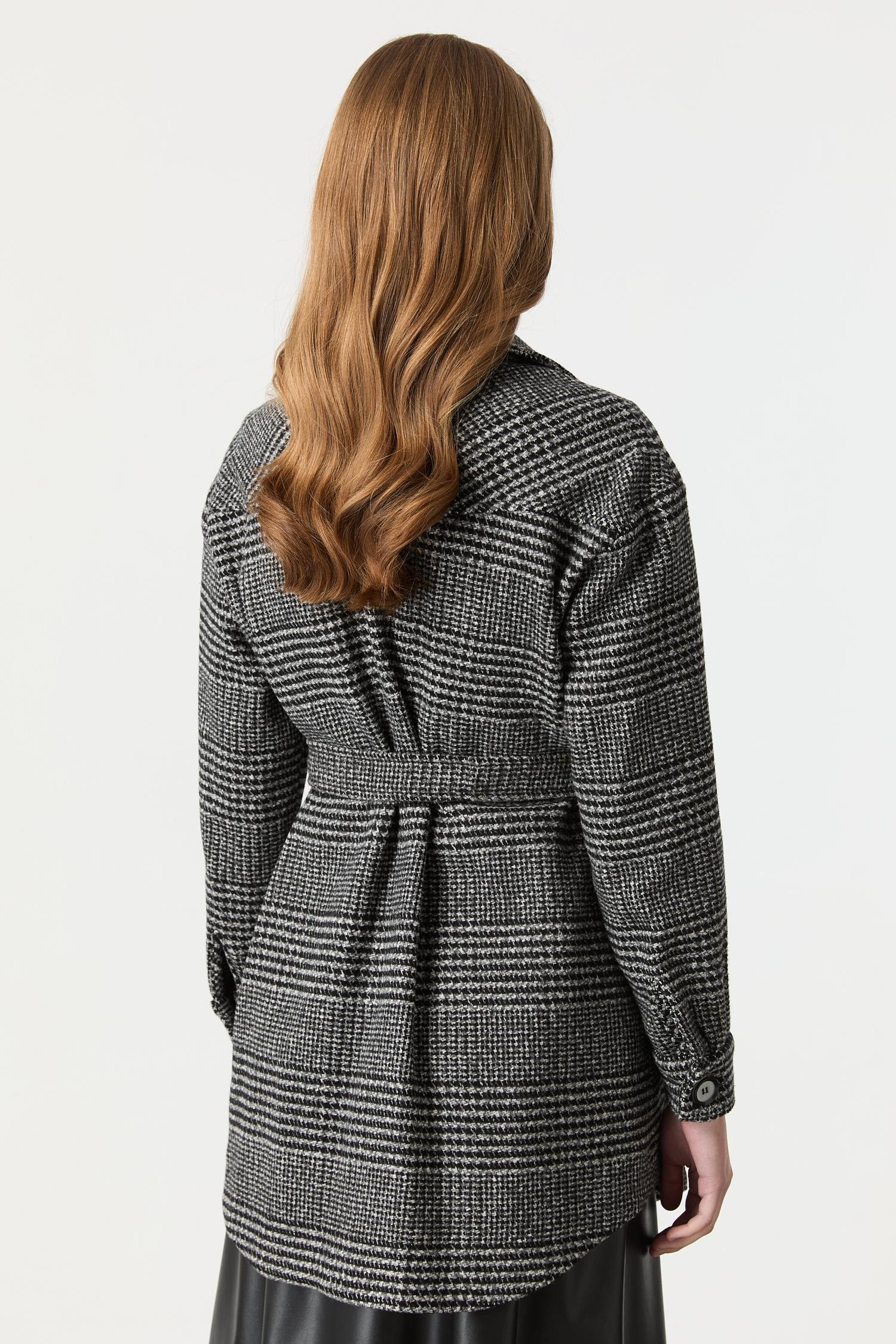 Kuşak Detaylı Ekose Ceket-SİYAH/BEYAZ