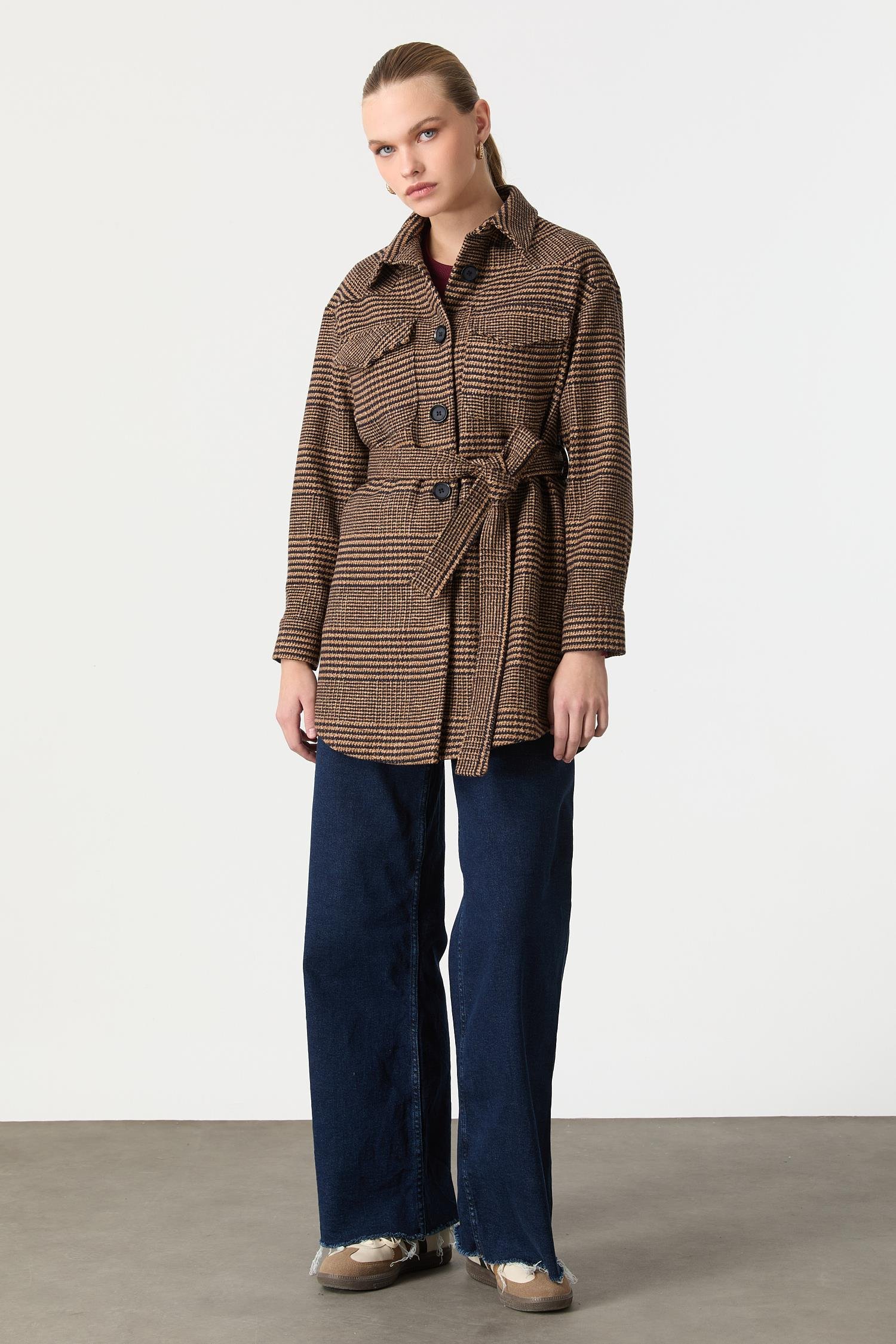 Kuşak Detaylı Ekose Ceket-TABA