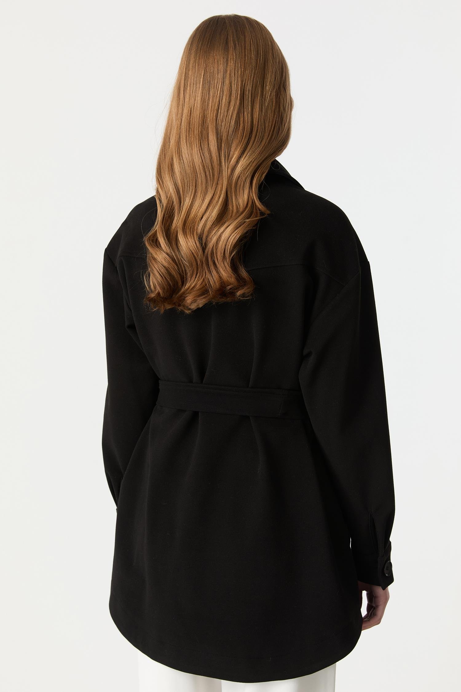 Kuşak Detaylı Kaşe Ceket-SİYAH