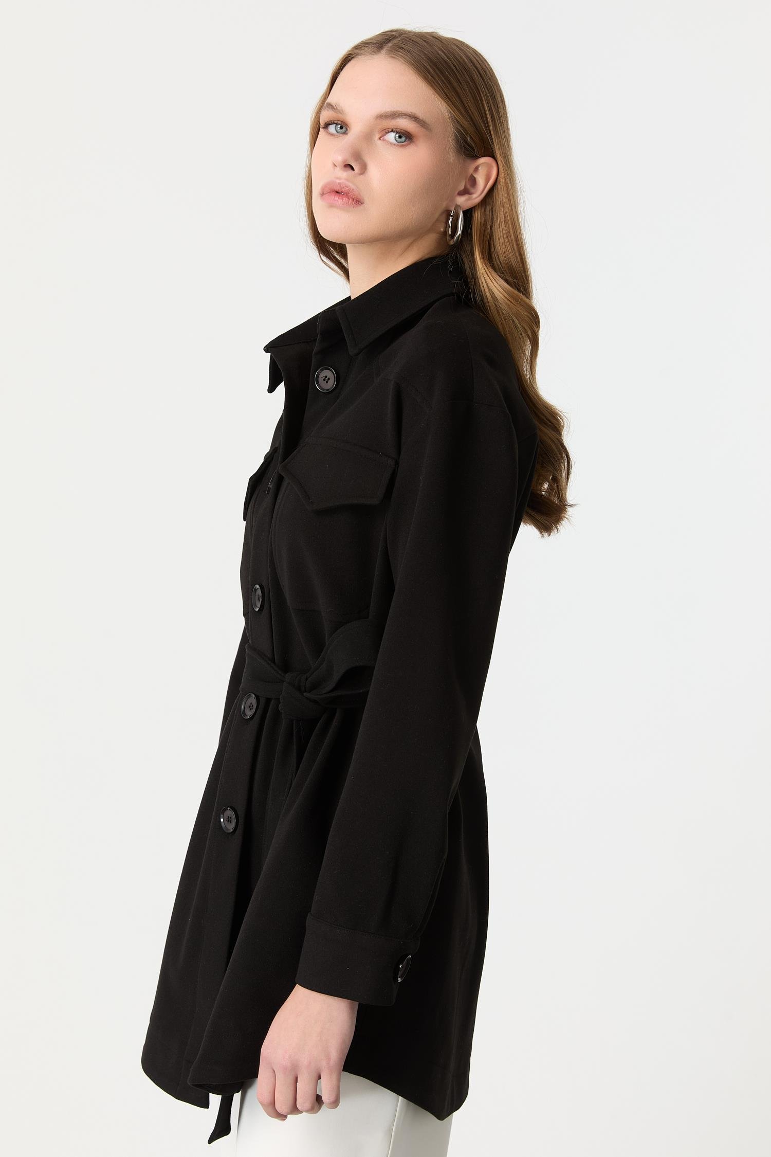 Kuşak Detaylı Kaşe Ceket-SİYAH