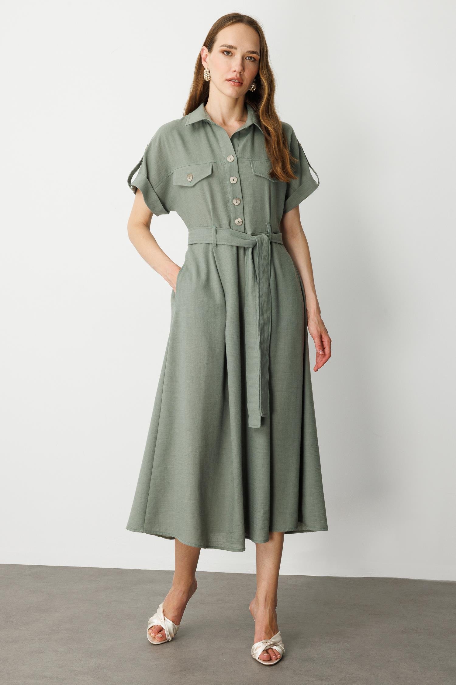 Kuşak Detaylı Keten Görünüm Elbise-ÇAĞLA