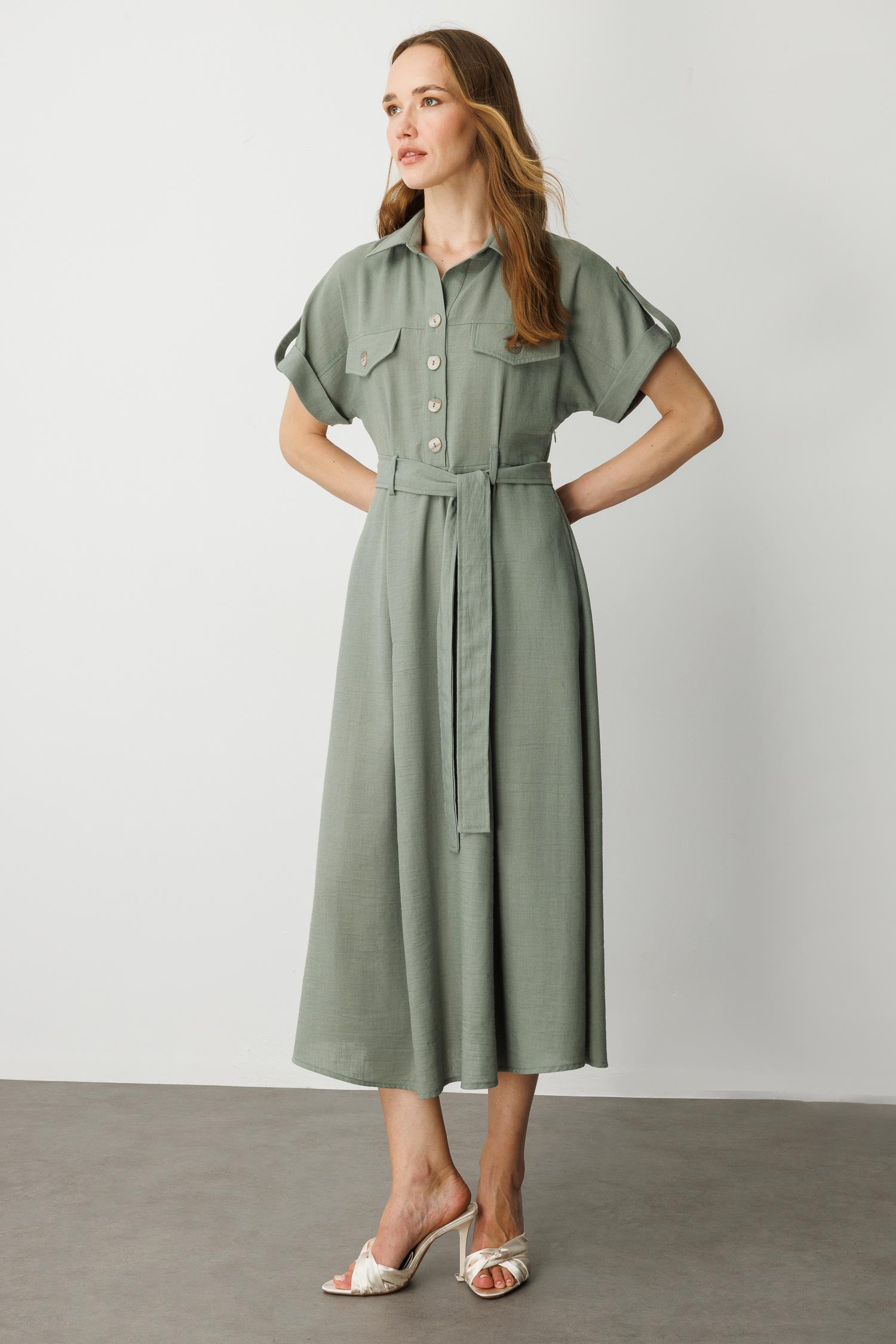 Kuşak Detaylı Keten Görünüm Elbise-ÇAĞLA