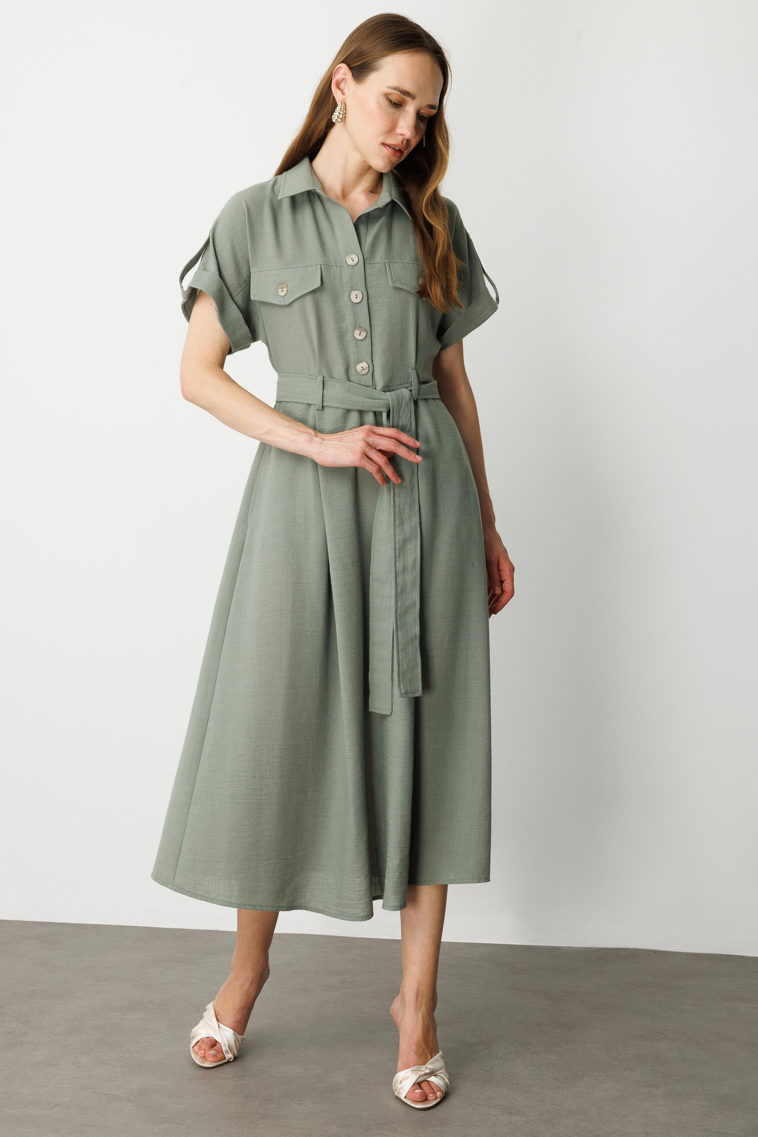 Kuşak Detaylı Keten Görünüm Elbise-ÇAĞLA