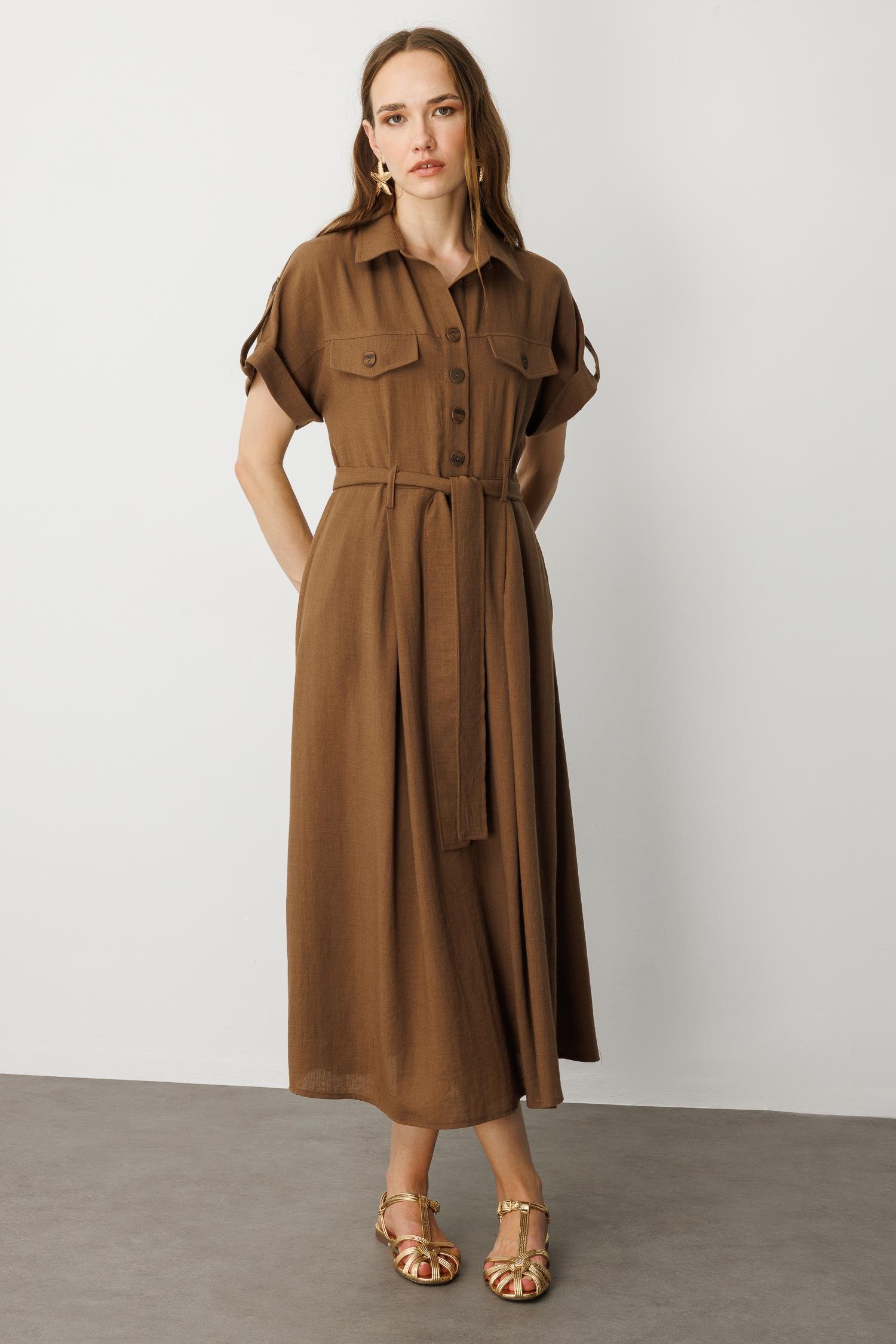 Kuşak Detaylı Keten Görünüm Elbise-KAHVE