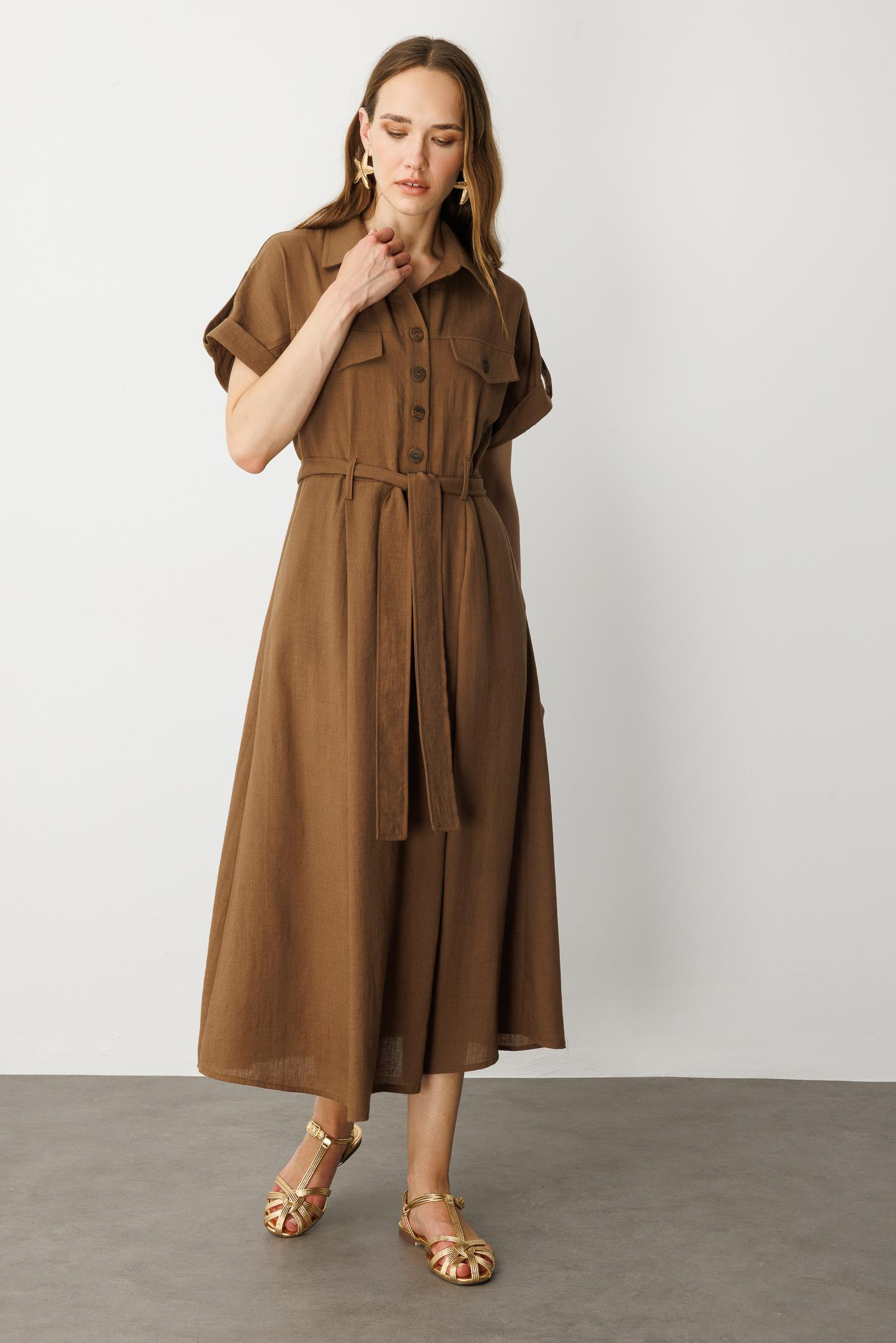 Kuşak Detaylı Keten Görünüm Elbise-KAHVE