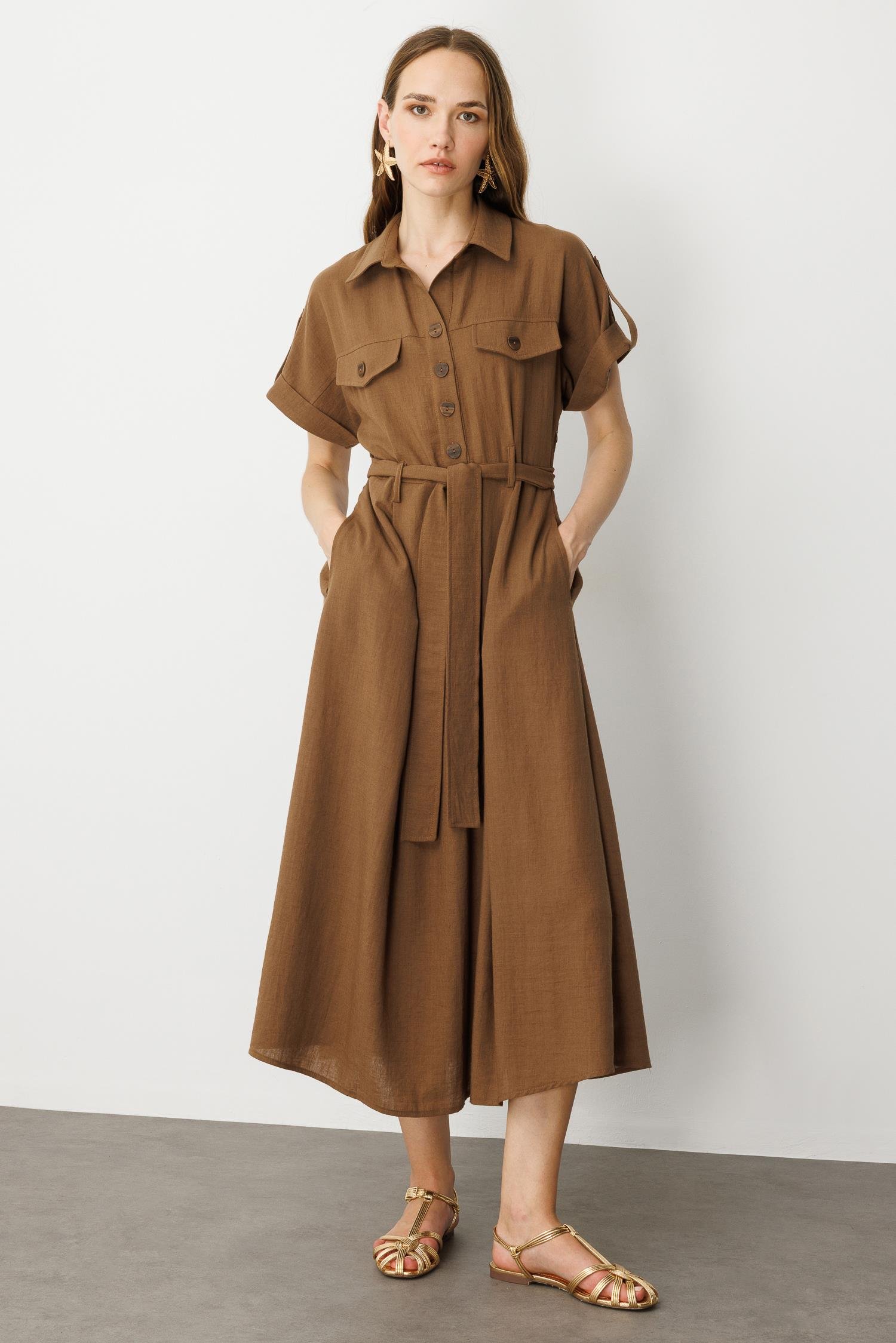 Kuşak Detaylı Keten Görünüm Elbise-KAHVE