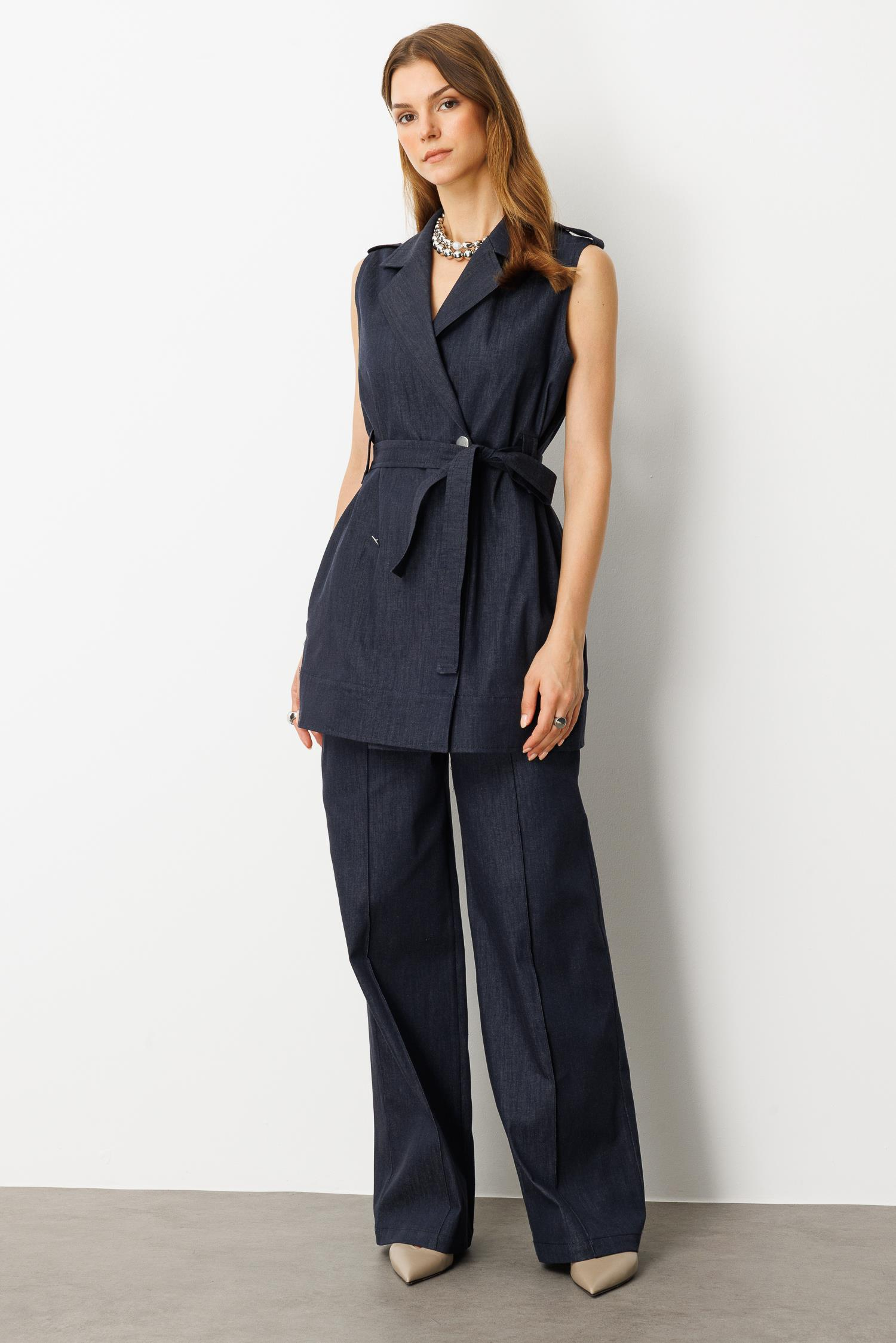 Kuşak Detaylı Kot Yelek-LACI