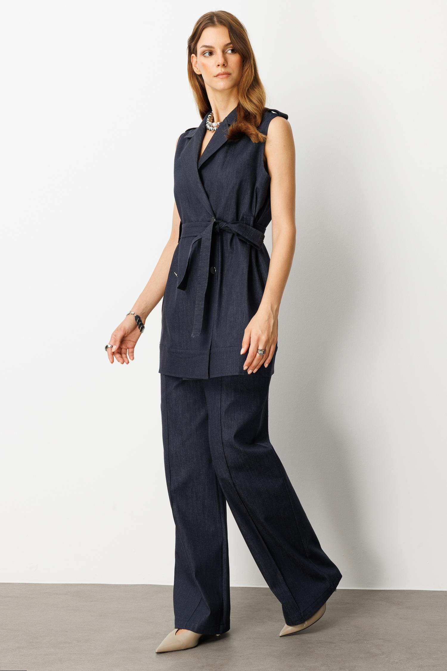 Kuşak Detaylı Kot Yelek-LACI