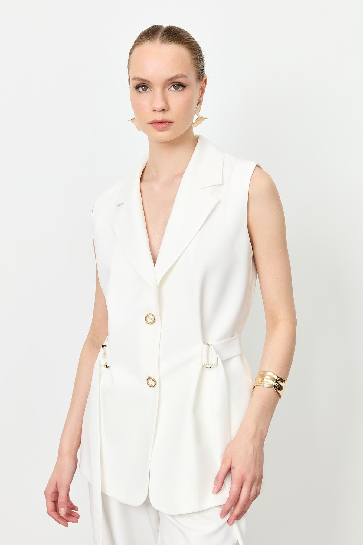 Kuşak Detaylı Krep Yelek-KEMIK