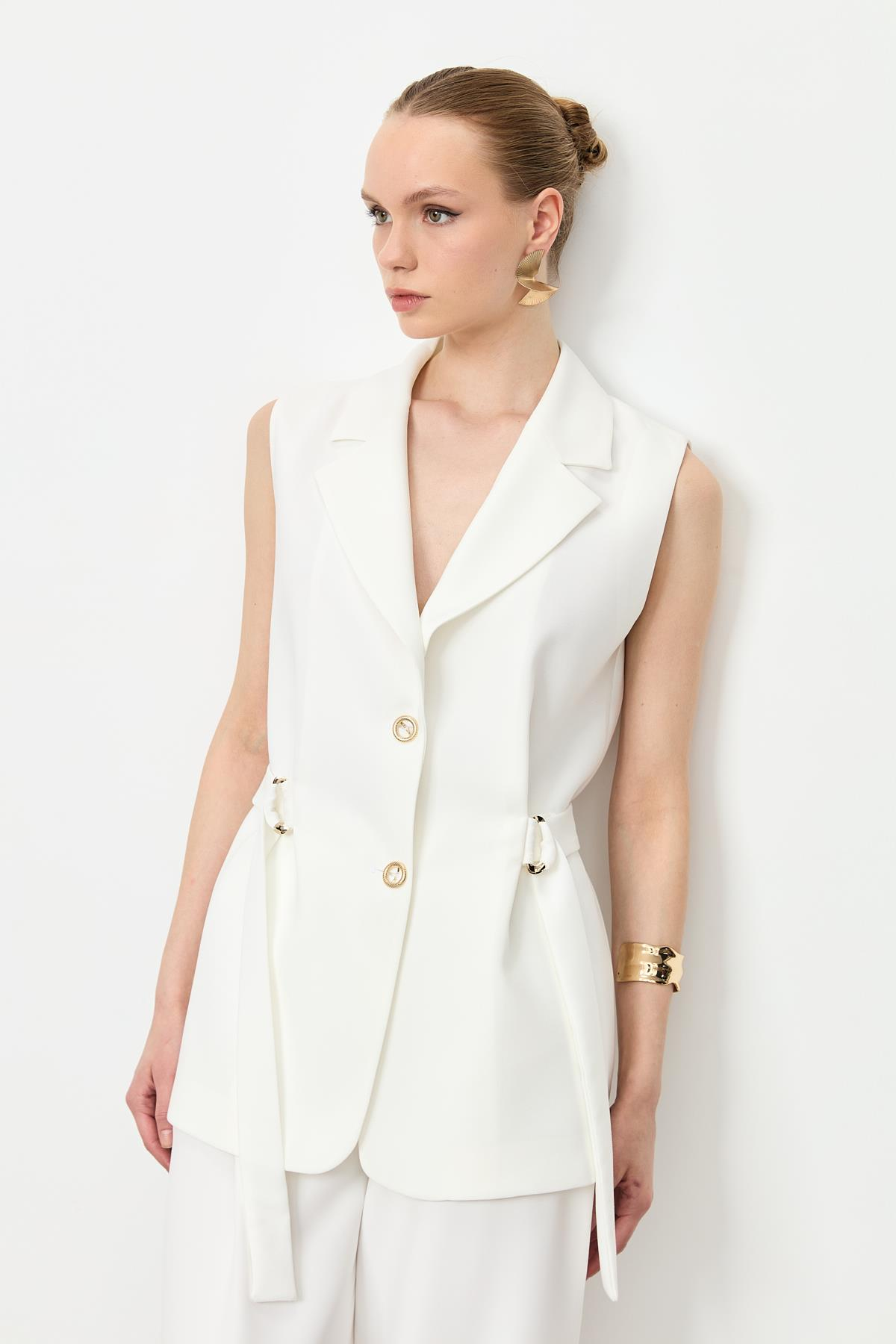 Kuşak Detaylı Krep Yelek-KEMIK