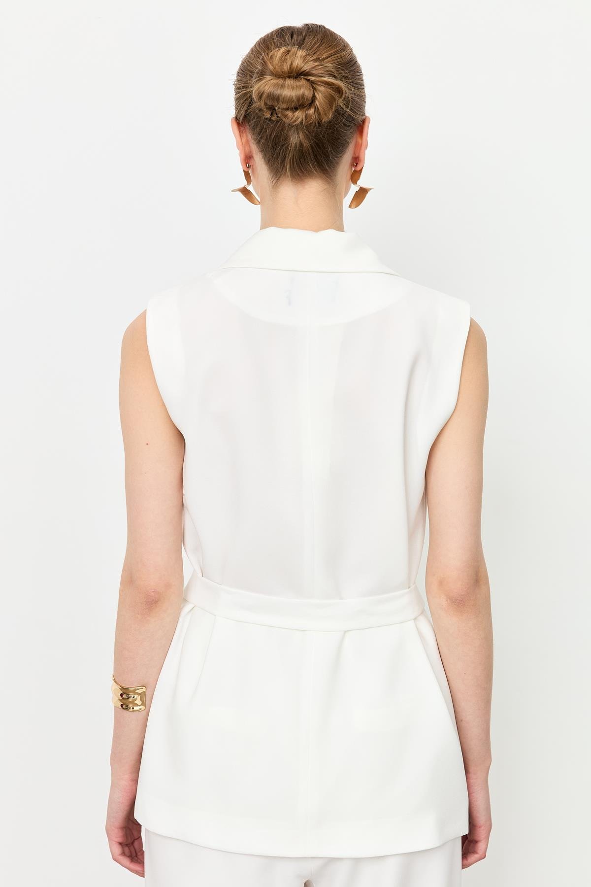 Kuşak Detaylı Krep Yelek-KEMIK