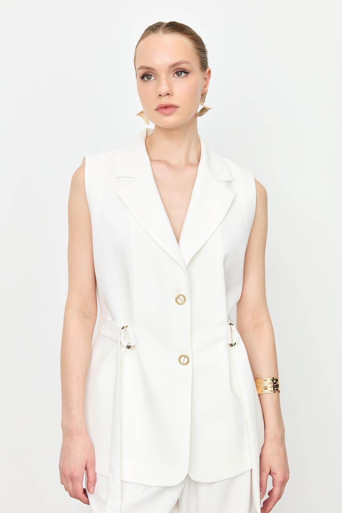 Kuşak Detaylı Krep Yelek-KEMIK