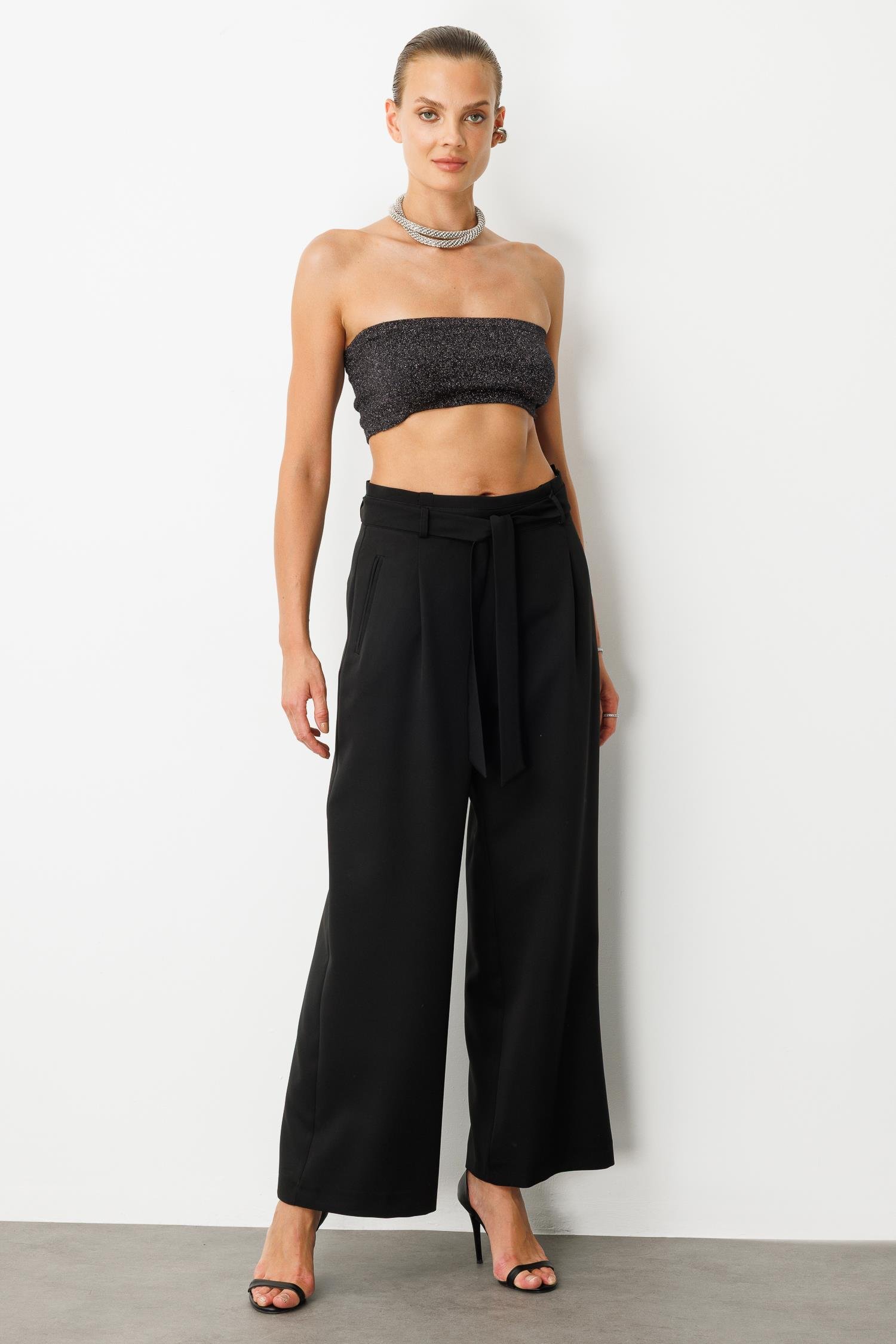 Kuşak Detaylı Pantolon-SİYAH