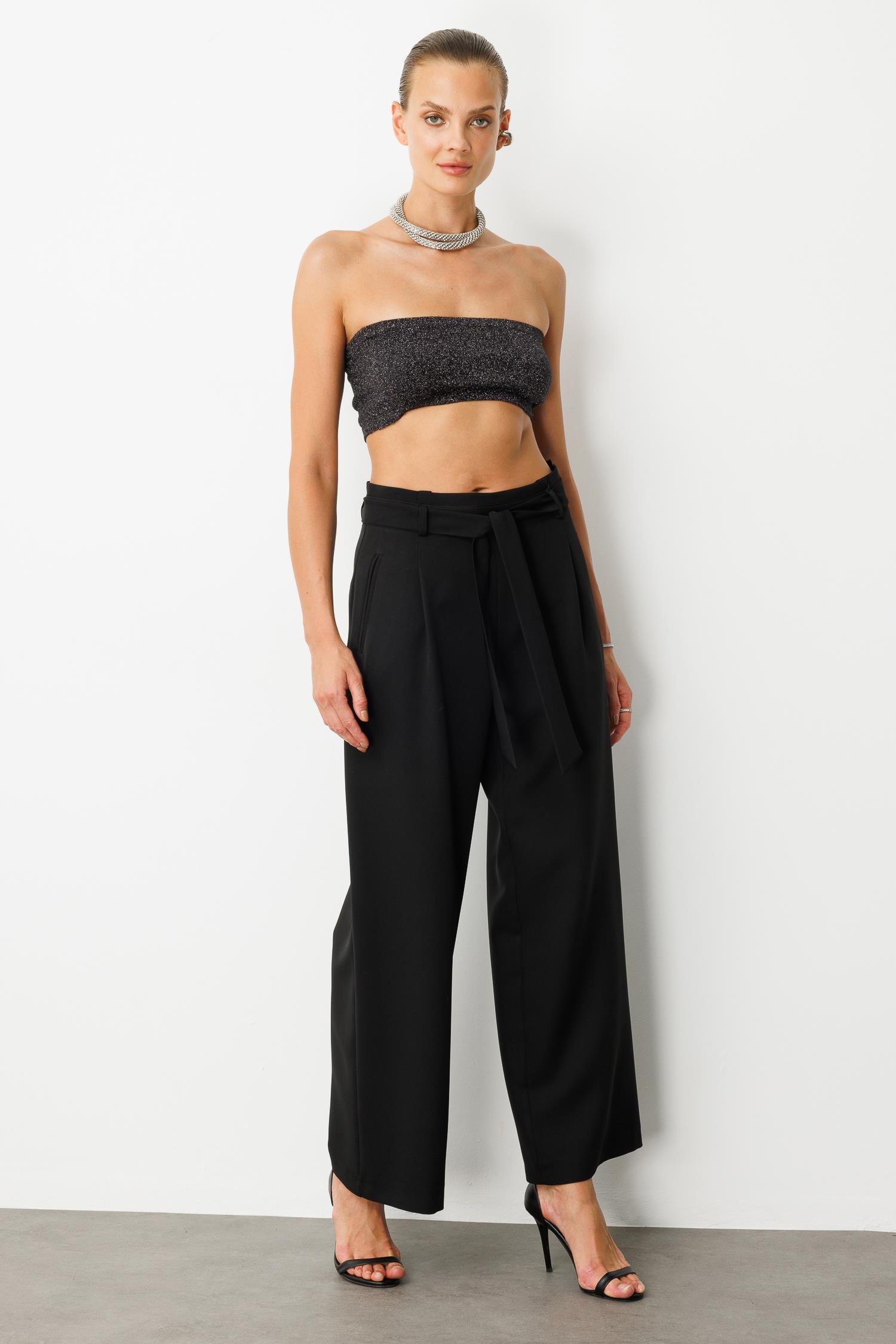 Kuşak Detaylı Pantolon-SİYAH