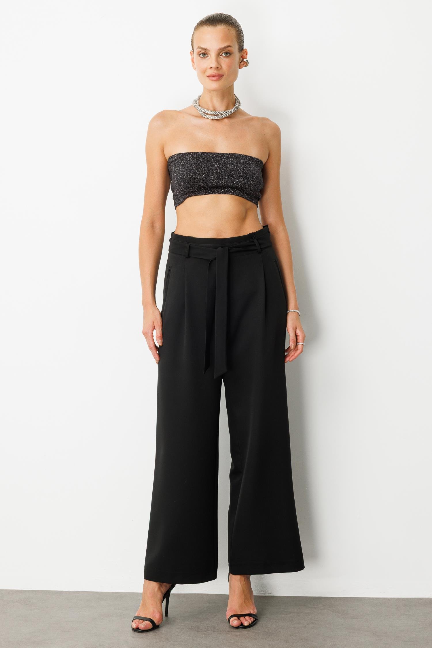 Kuşak Detaylı Pantolon-SİYAH