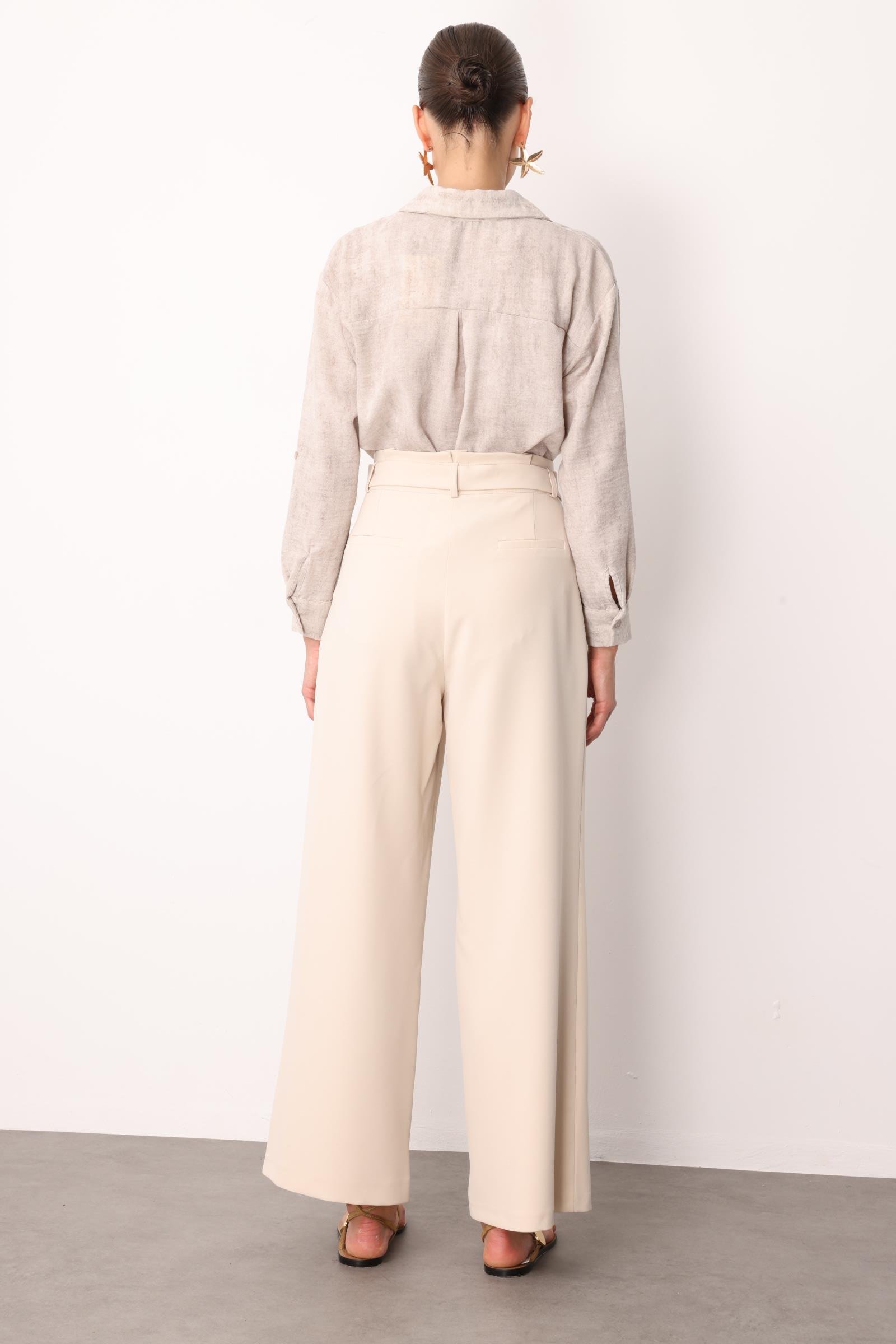 Kuşak Detaylı Pantolon-TAŞ