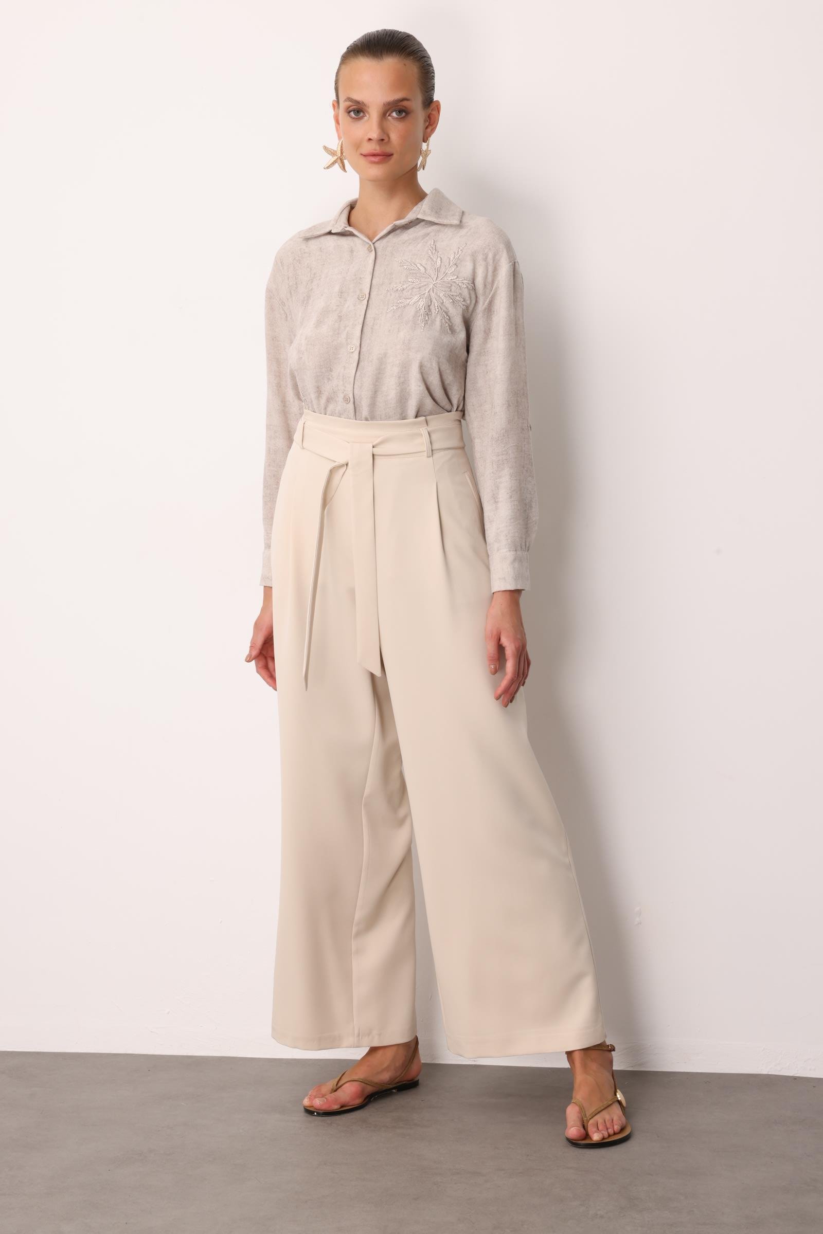 Kuşak Detaylı Pantolon-TAŞ