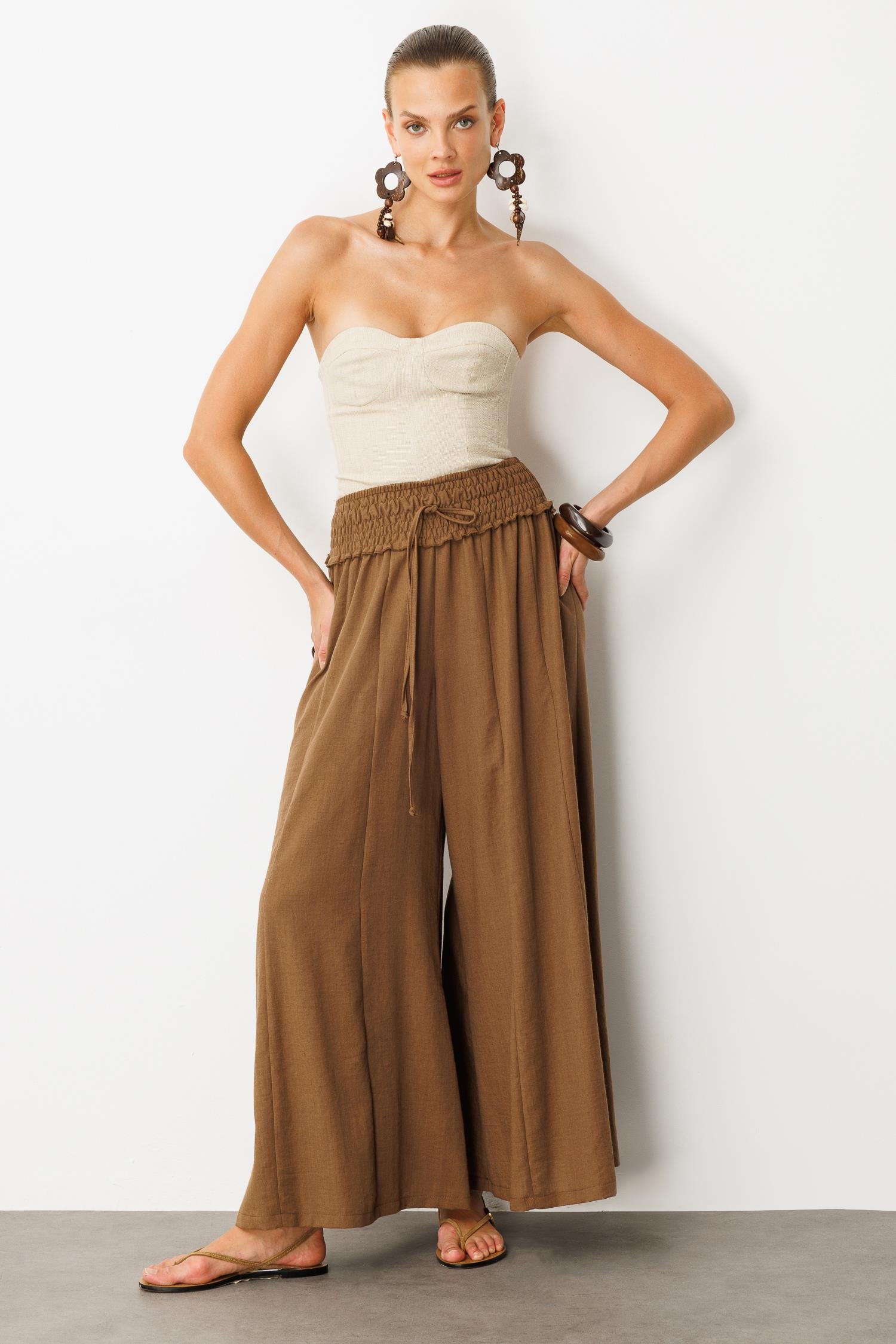 Lastik Bel Geniş Paça Pantolon-KAHVE