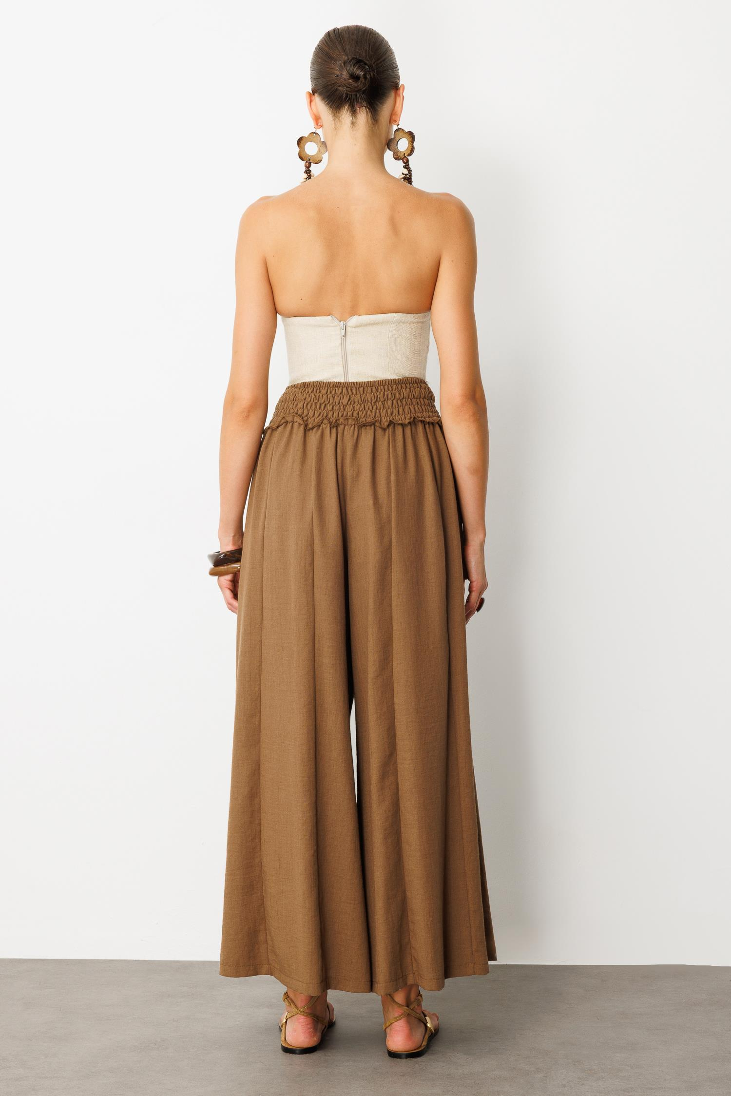 Lastik Bel Geniş Paça Pantolon-KAHVE