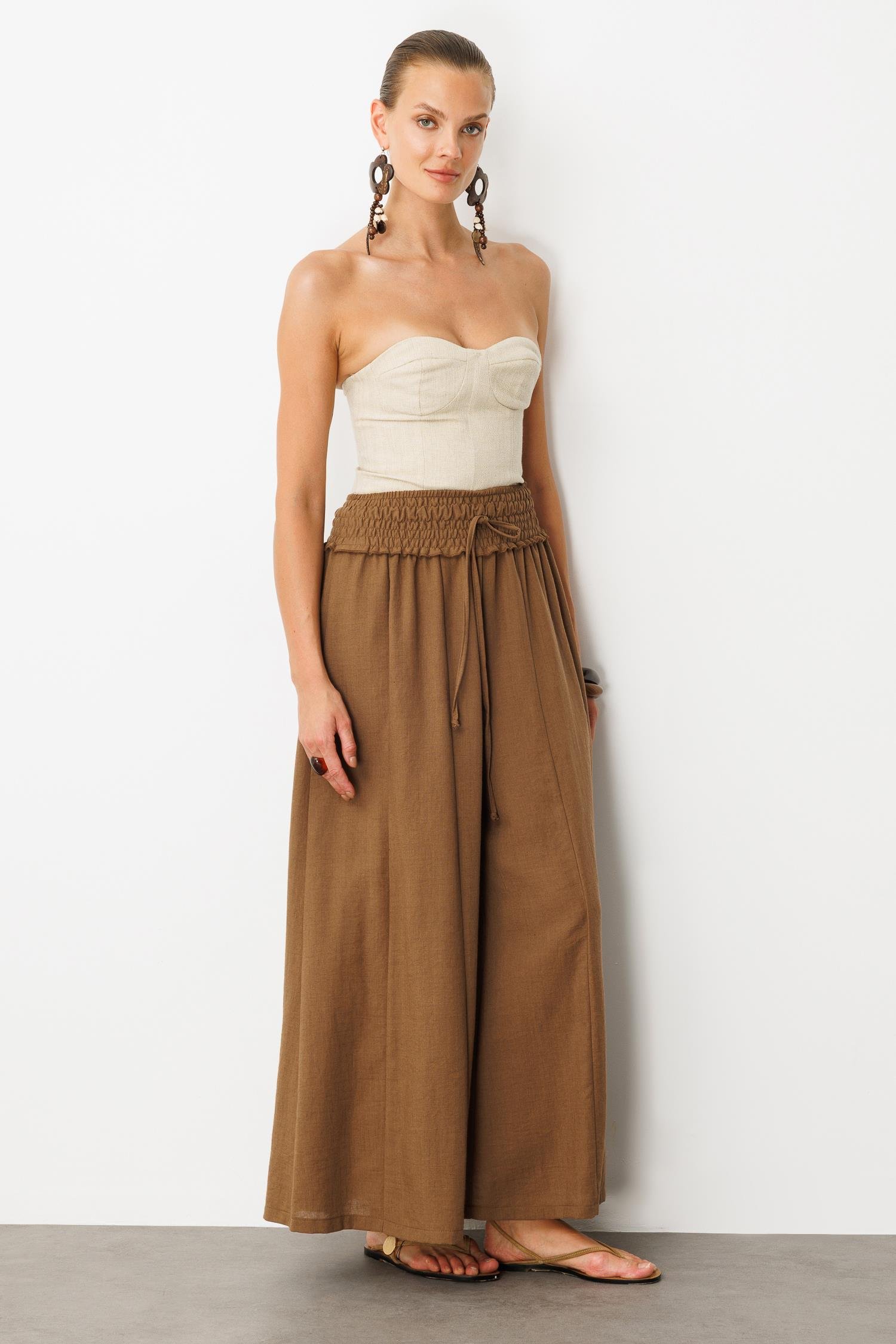 Lastik Bel Geniş Paça Pantolon-KAHVE