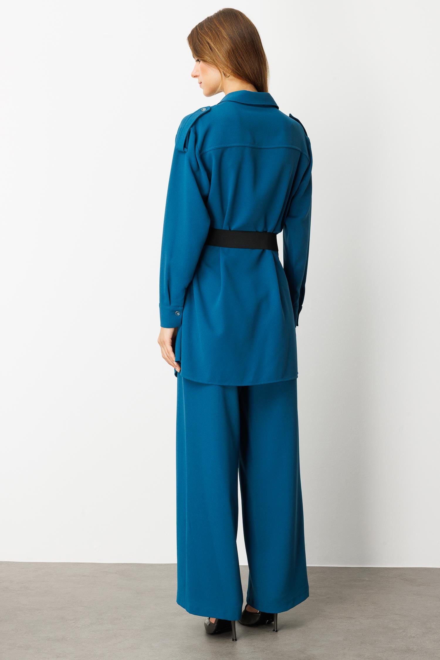 Lastik Kemer Detaylı Krep Tunik Gömlek-PETROL