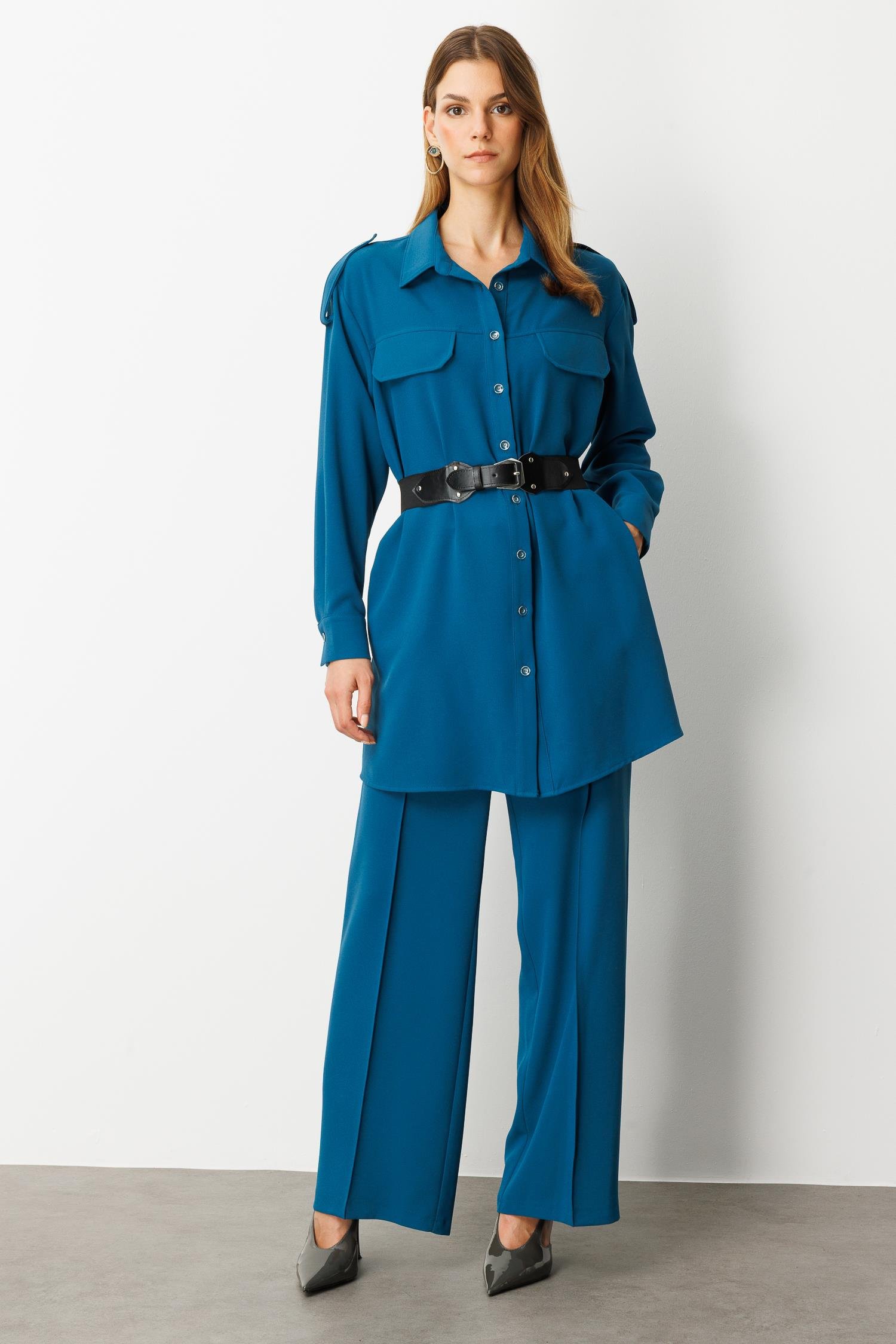 Lastik Kemer Detaylı Krep Tunik Gömlek-PETROL