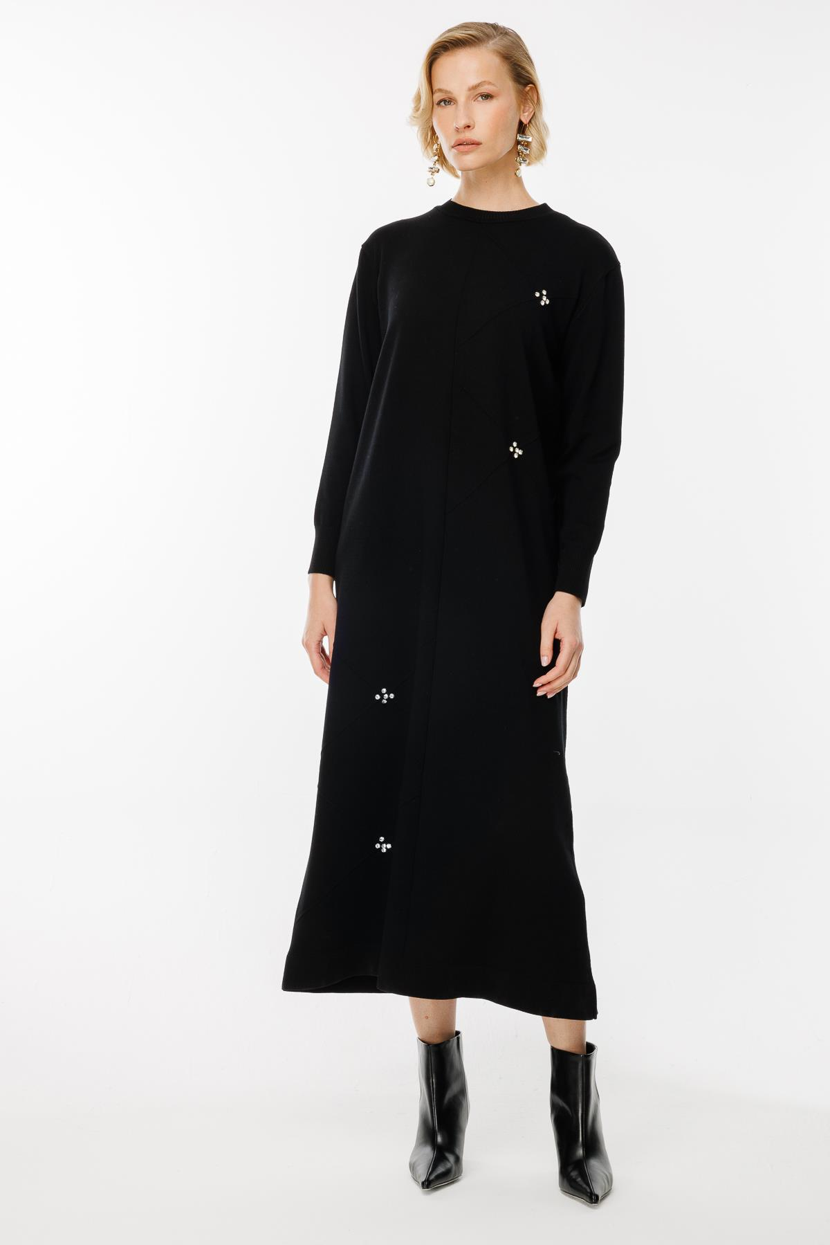 Lazer Desen Triko Elbise - SİYAH