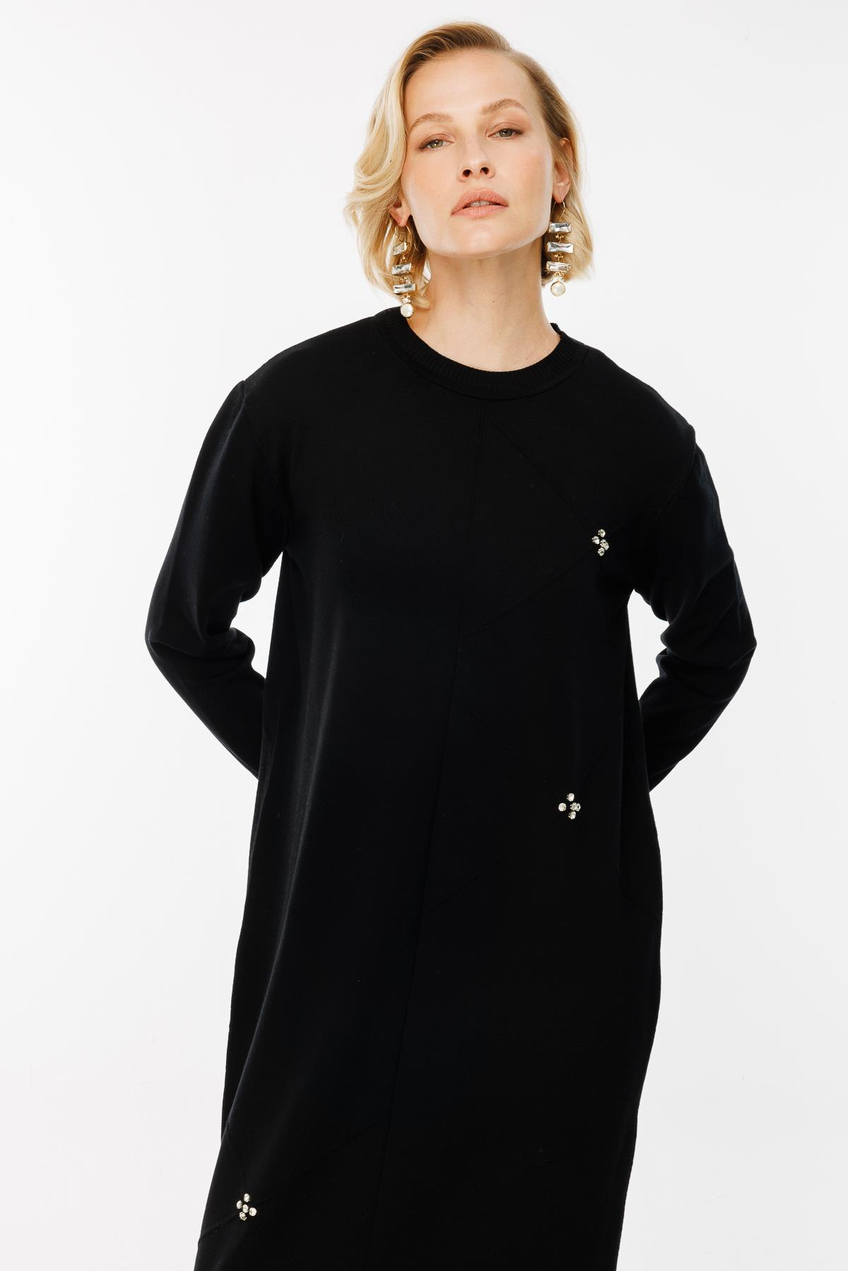 Lazer Desen Triko Elbise - SİYAH