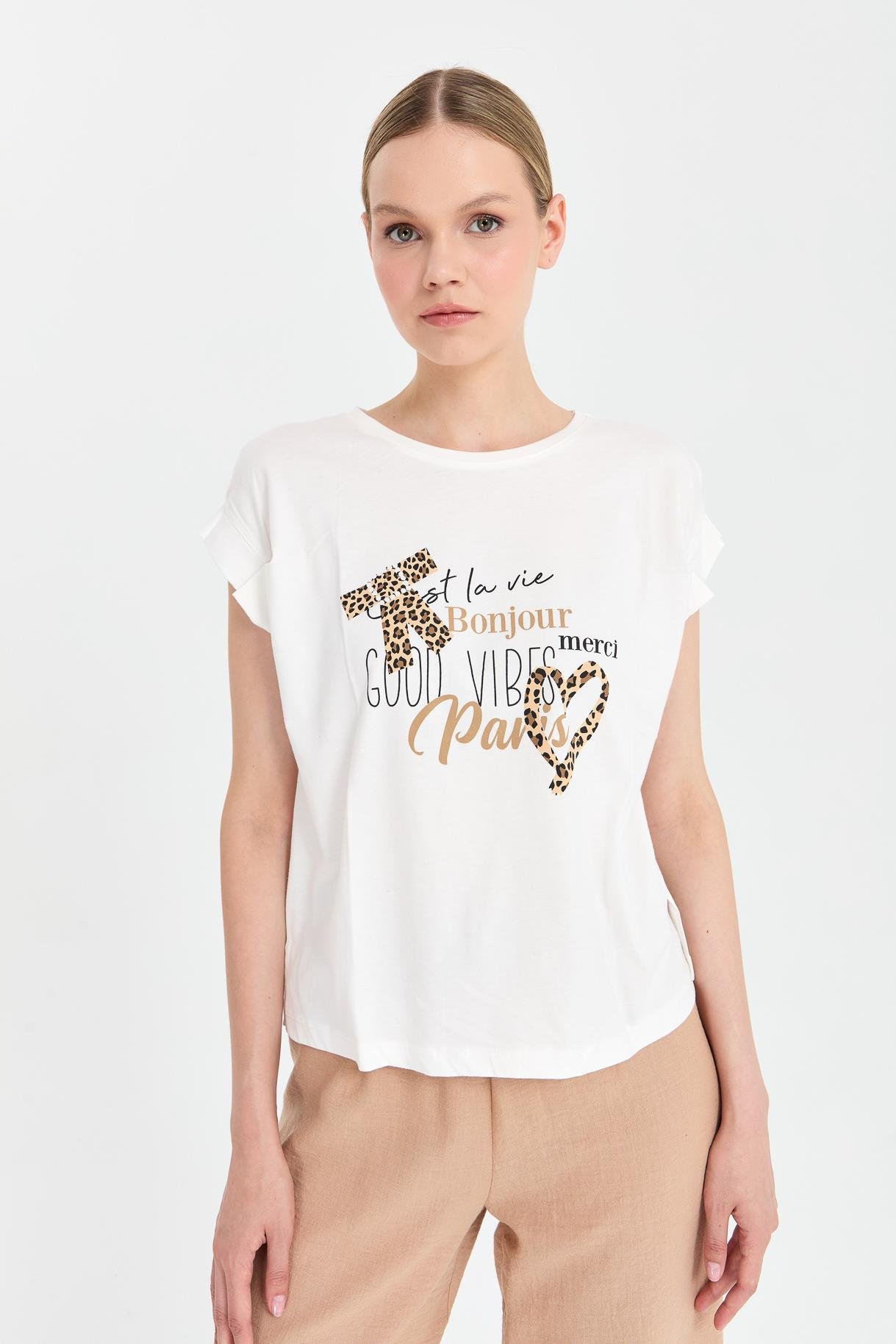 Leopar Baskı Desenli Tişört - EKRU