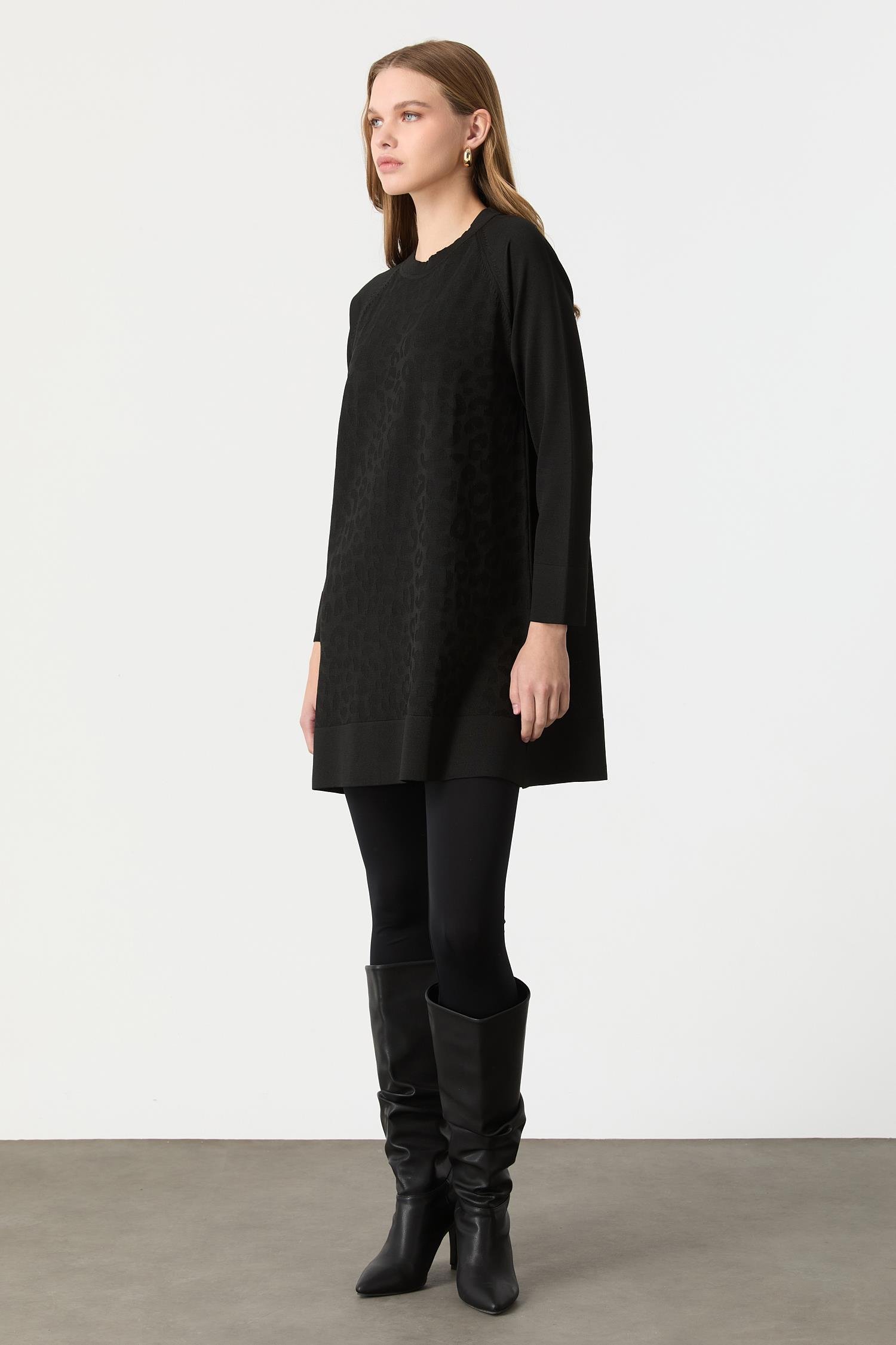 Leopar Desen Triko Tunik-SİYAH