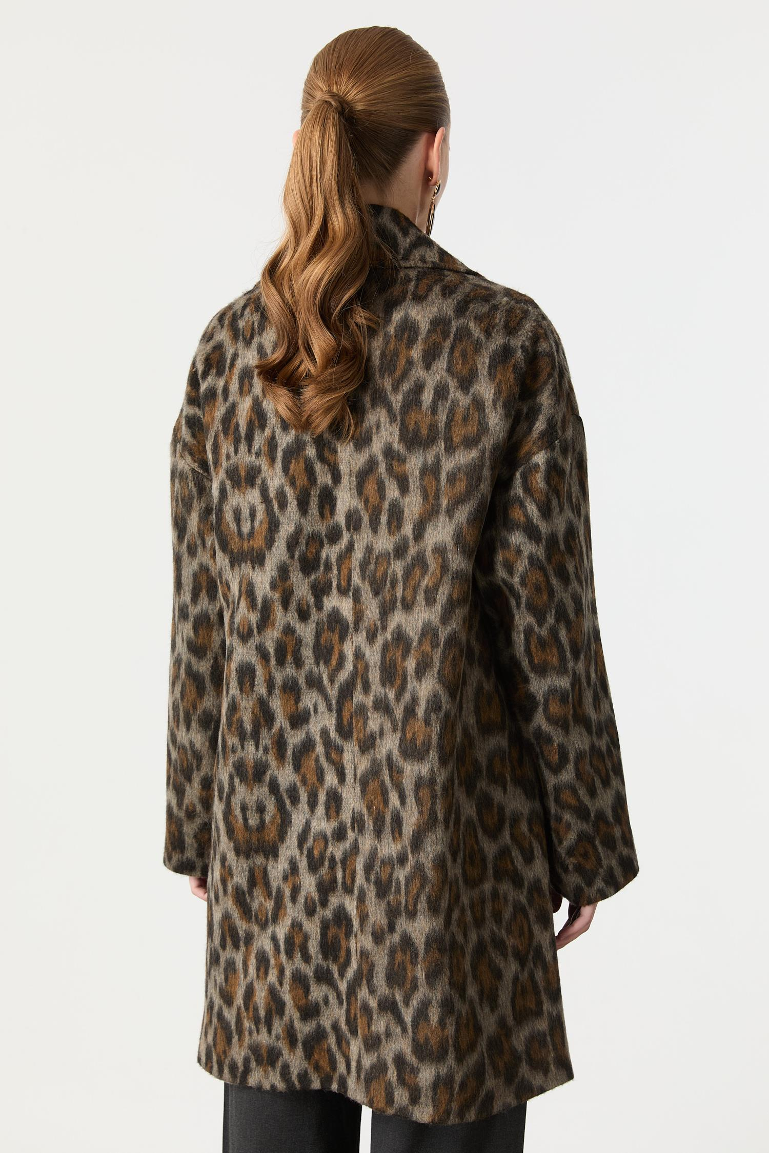 Leopar Desenli Kaşe Kaban-CAMEL