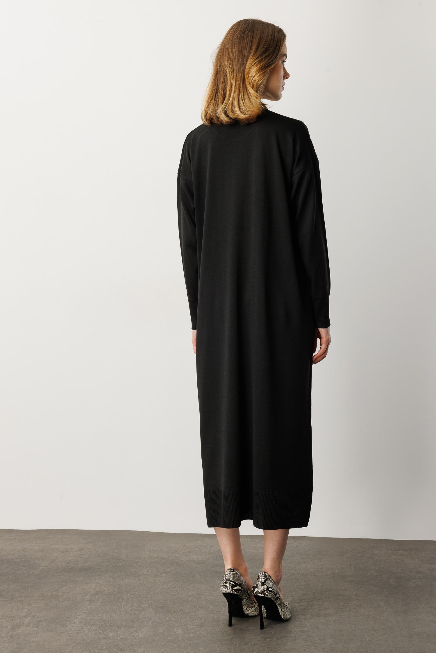 Leopar Desenli Triko Uzun Elbise-SİYAH