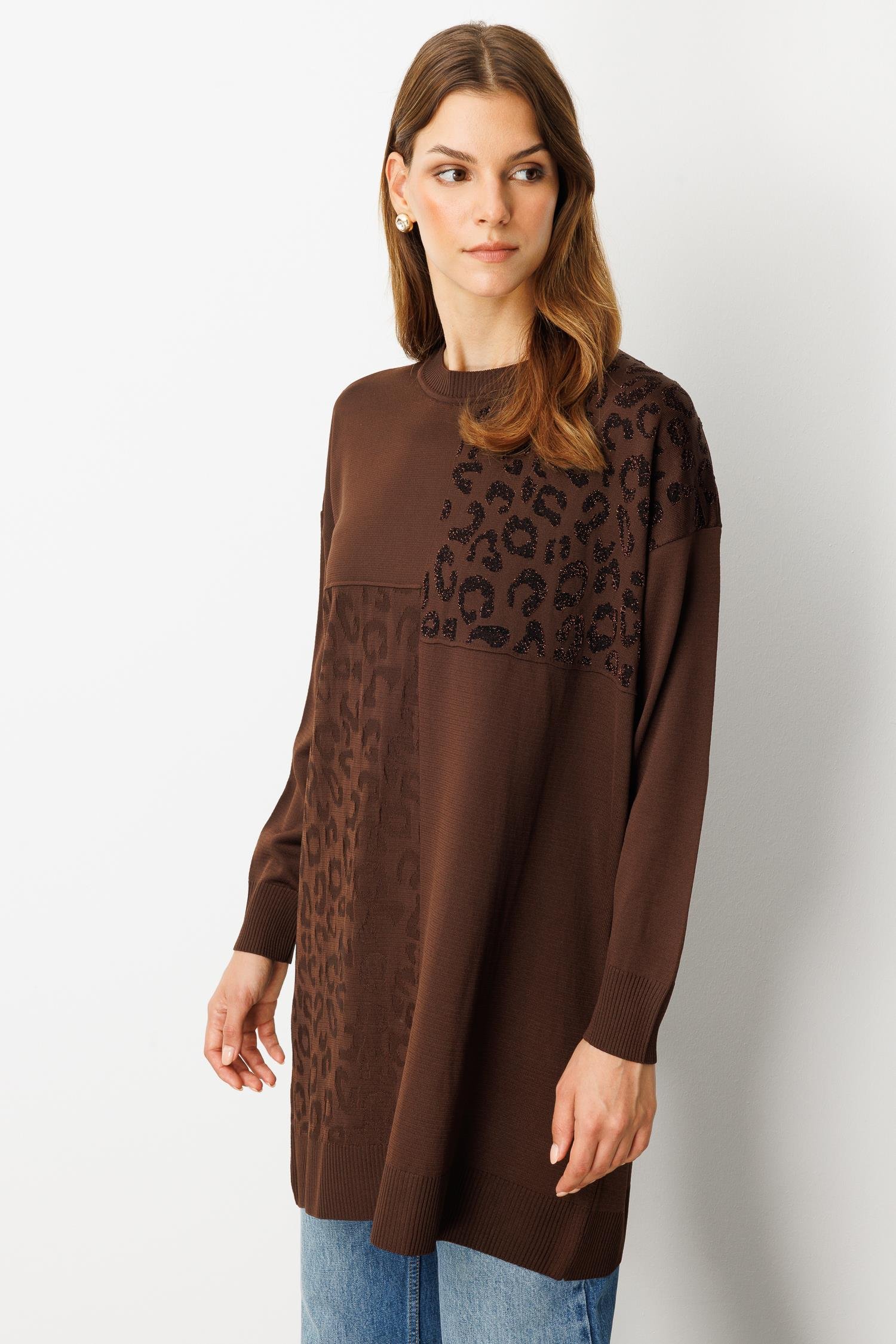 Leopar Kombinli Triko Tunik-KAHVE