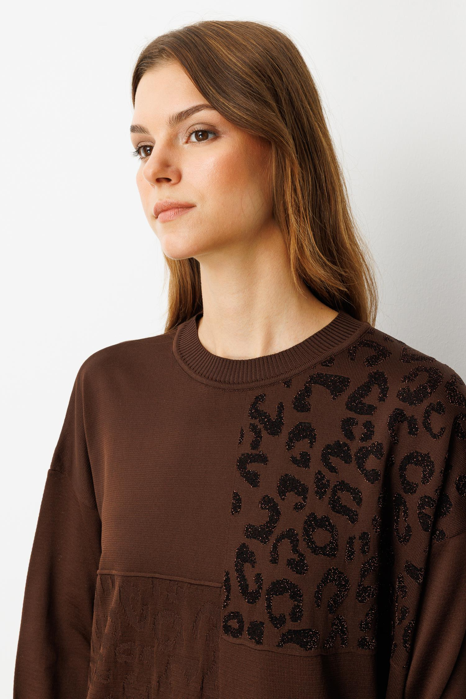 Leopar Kombinli Triko Tunik-KAHVE