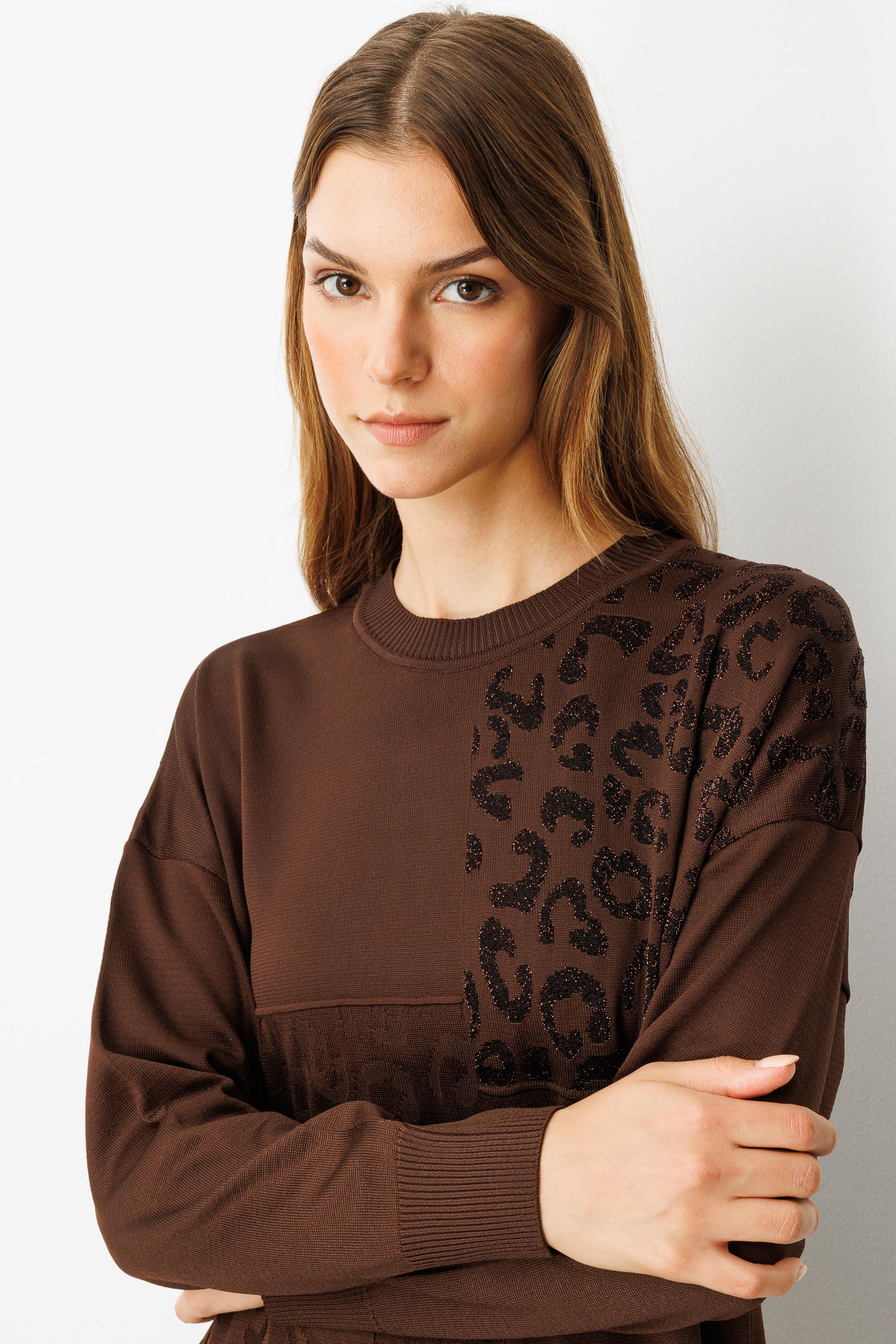 Leopar Kombinli Triko Tunik-KAHVE