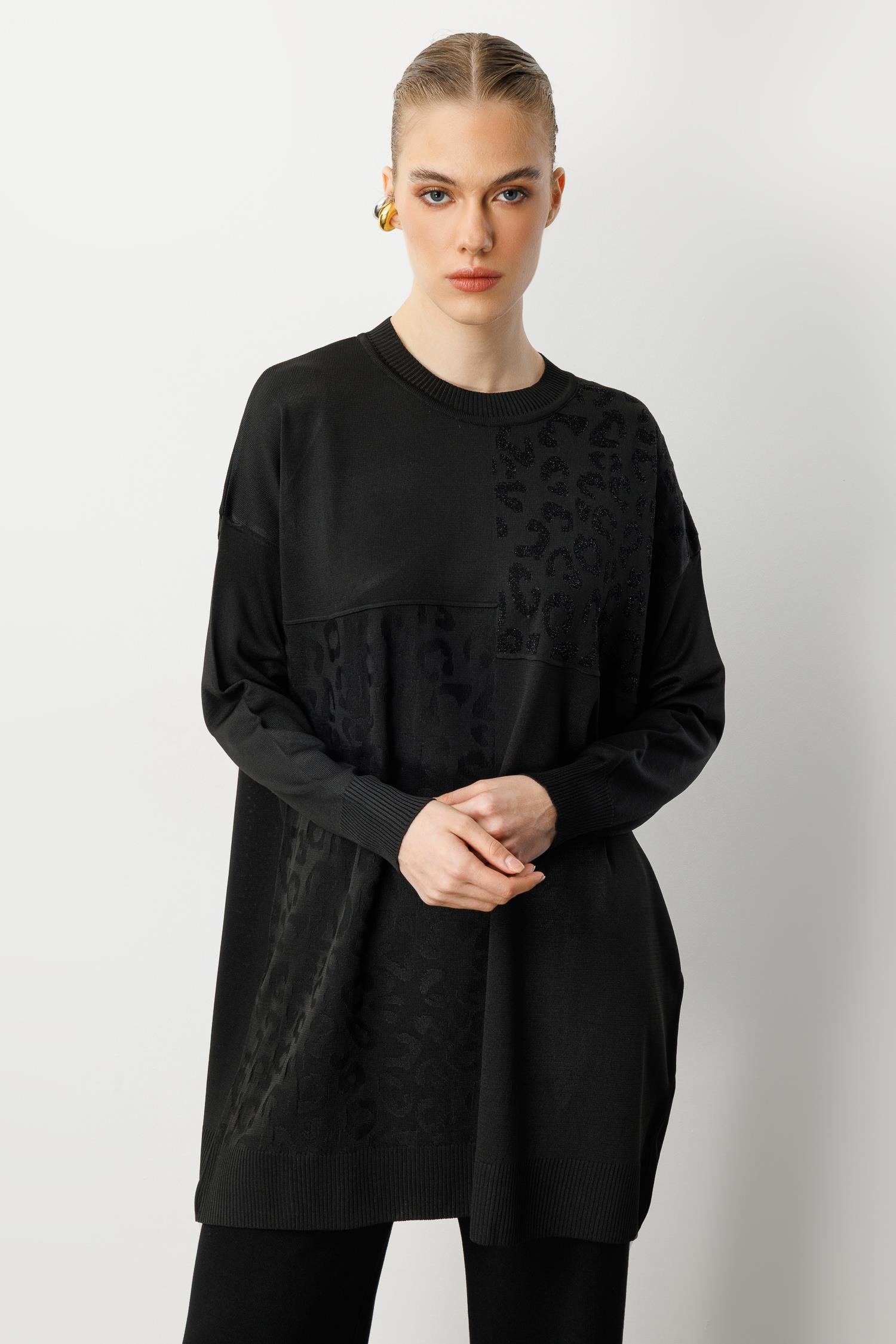 Leopar Kombinli Triko Tunik-SİYAH